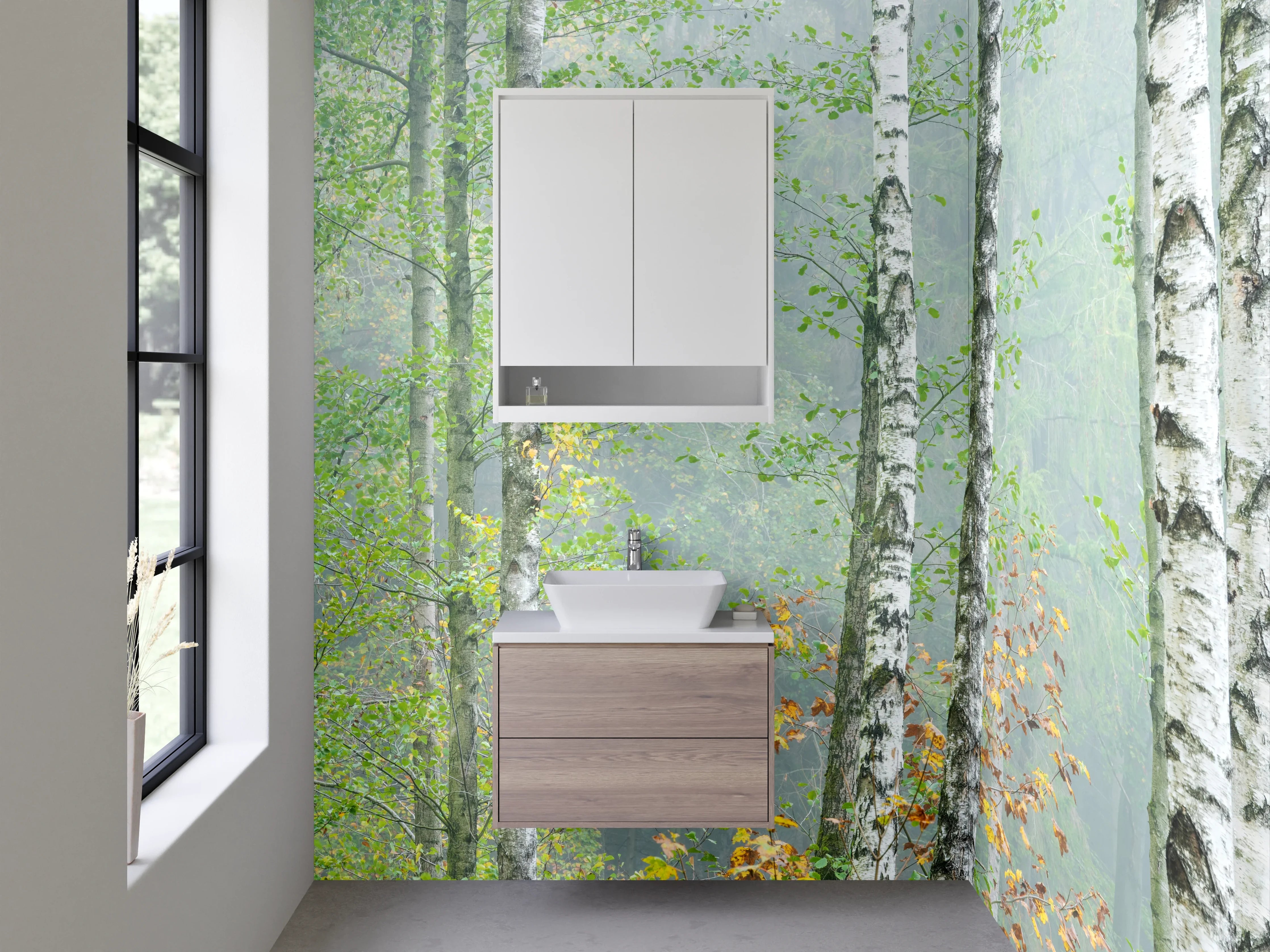 Waschbecken-Rückwand - Weiße Birken im Nebel