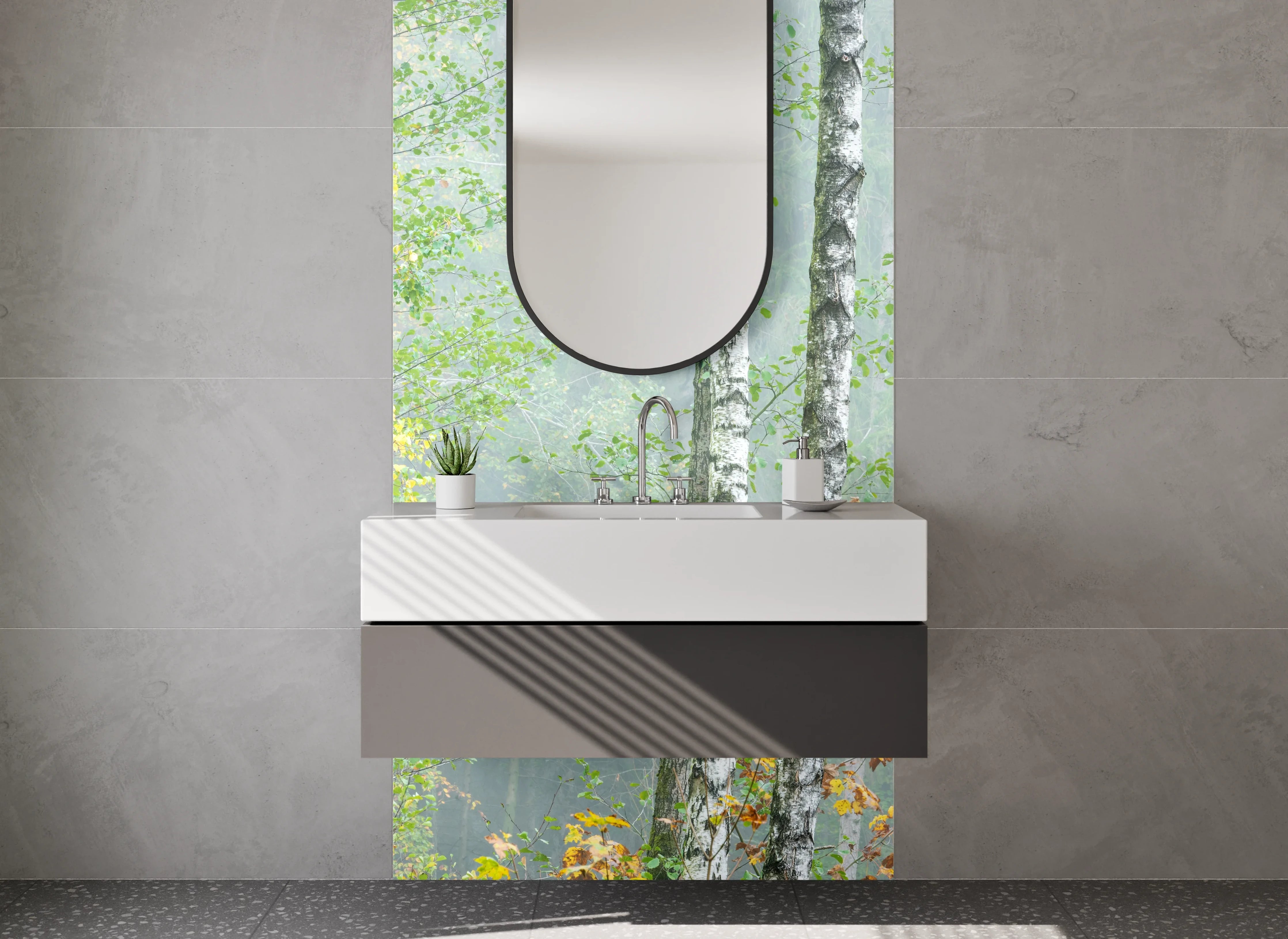 Waschbecken-Rückwand - Weiße Birken im Nebel