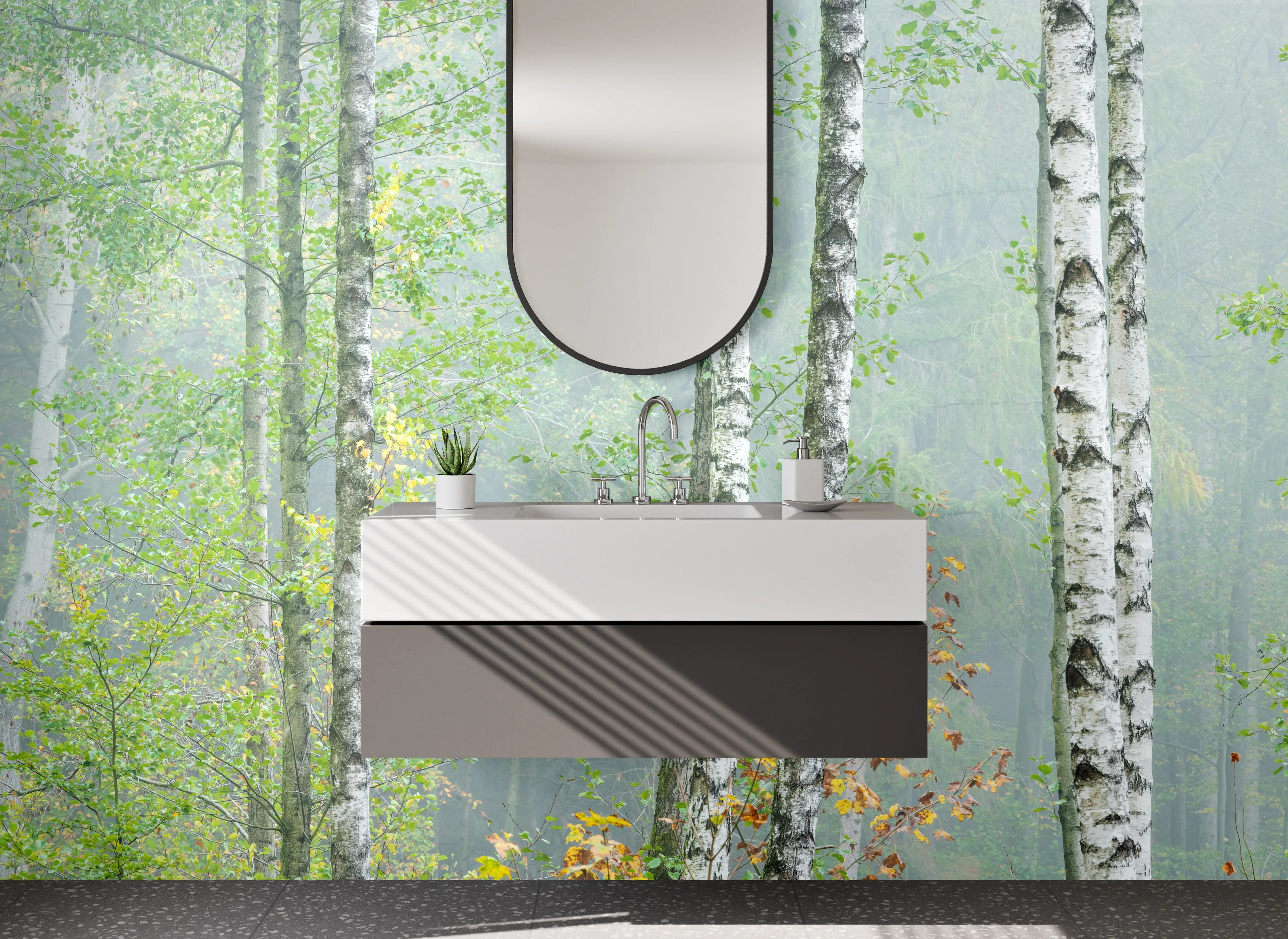 Waschbecken-Rückwand - Weiße Birken im Nebel