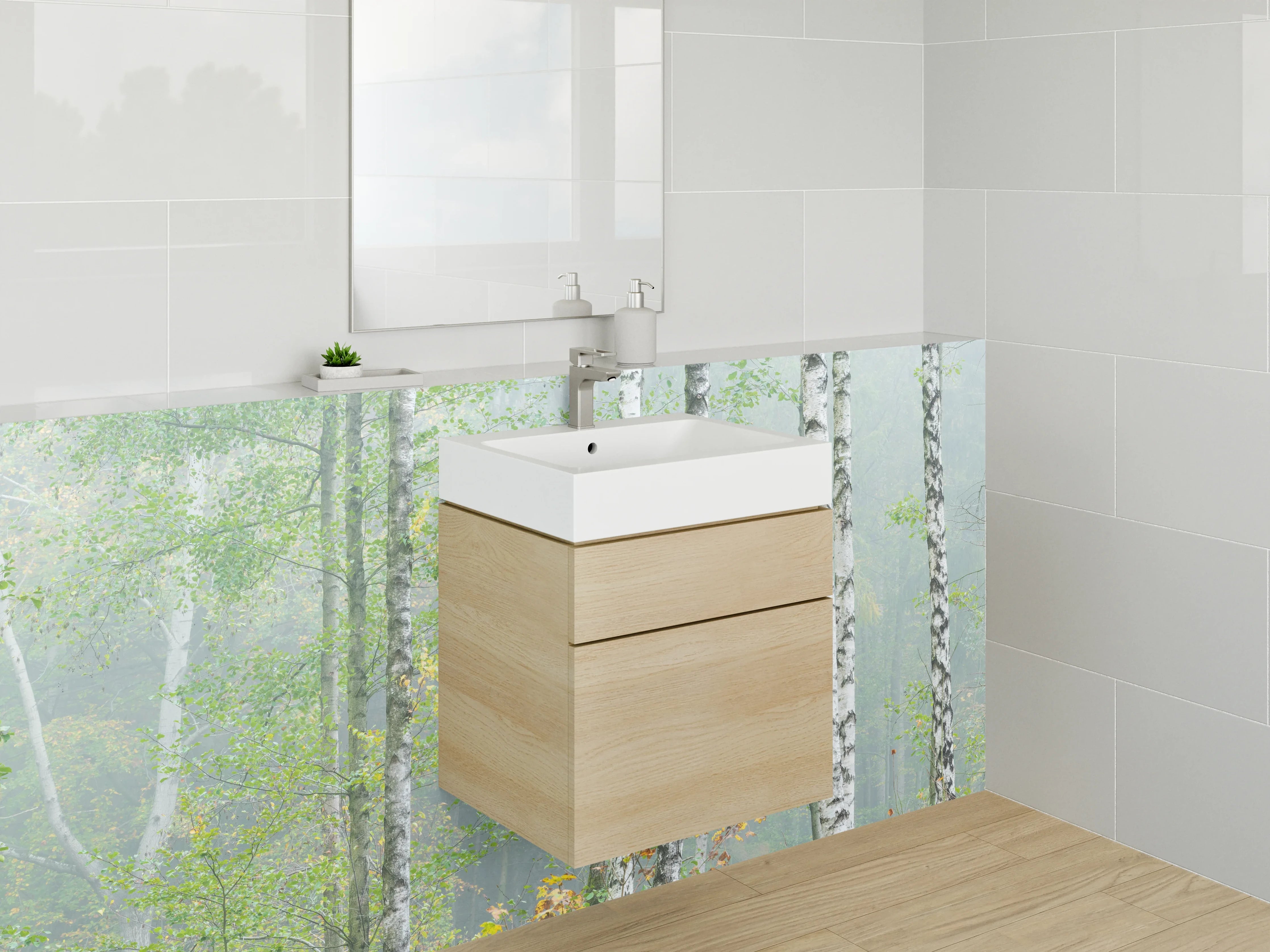 Waschbecken-Rückwand - Weiße Birken im Nebel