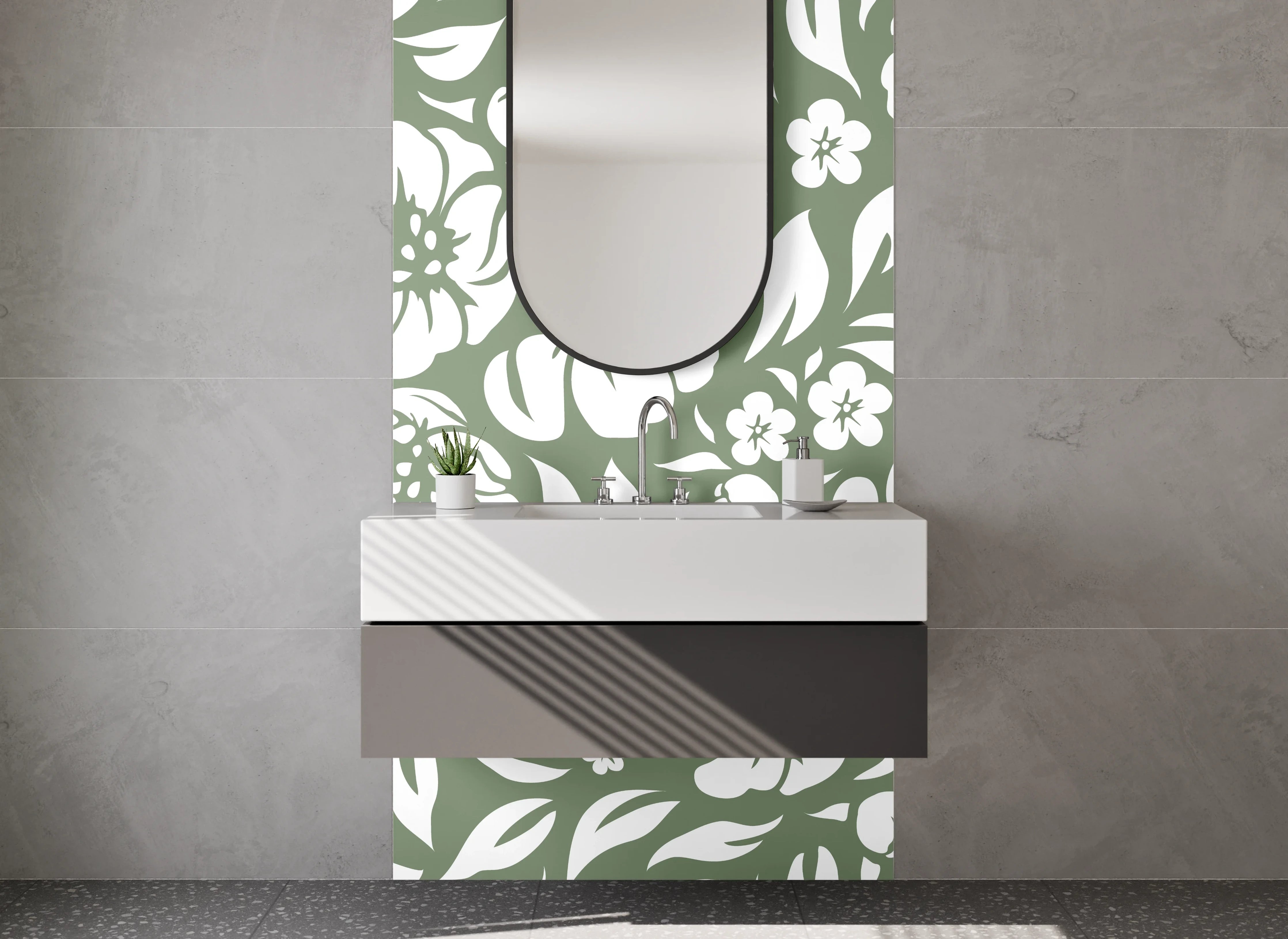 Waschbecken-Rückwand - Weiße Blütenmuster auf grauem Hintergrund