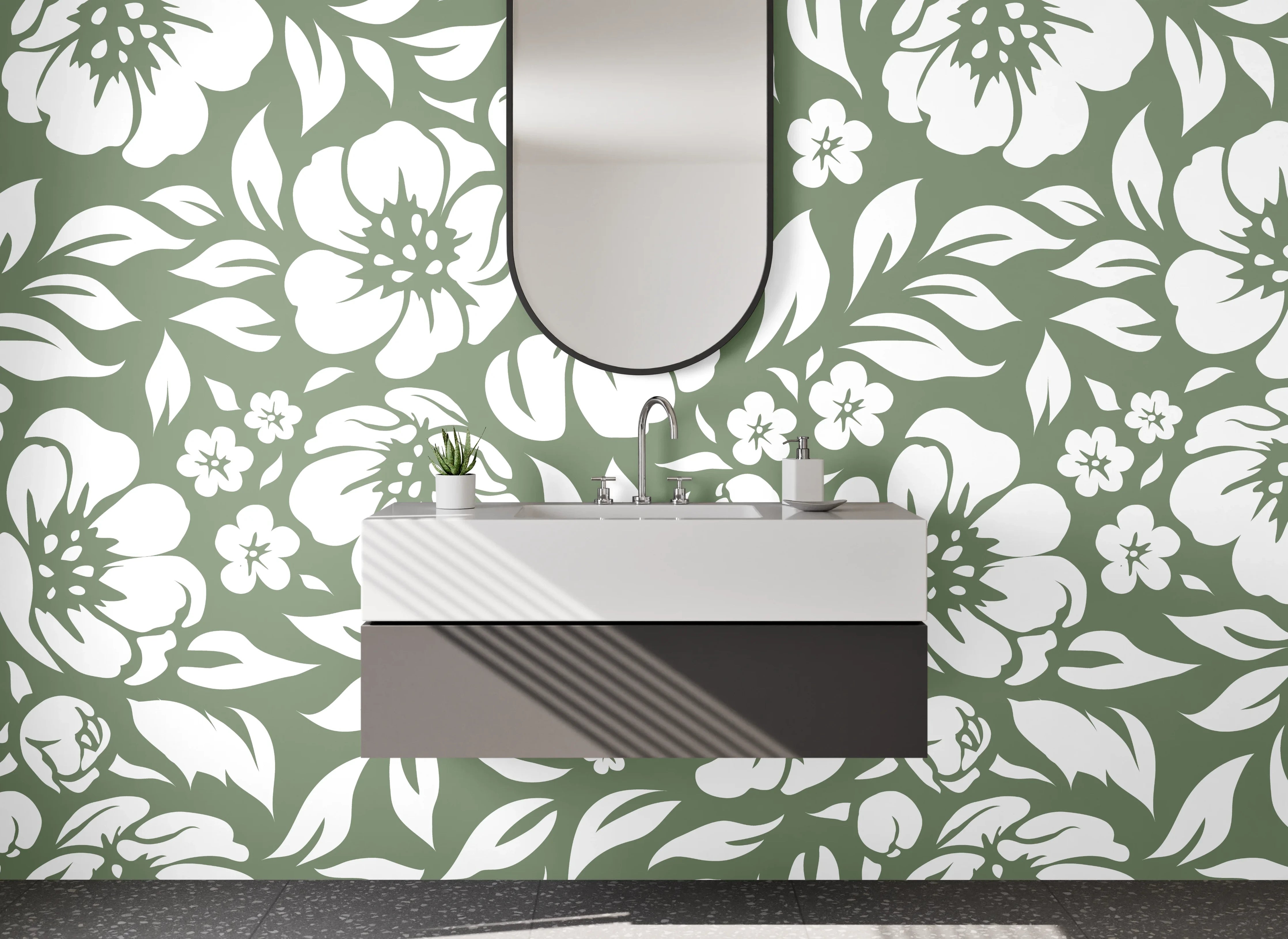 Waschbecken-Rückwand - Weiße Blütenmuster auf grauem Hintergrund