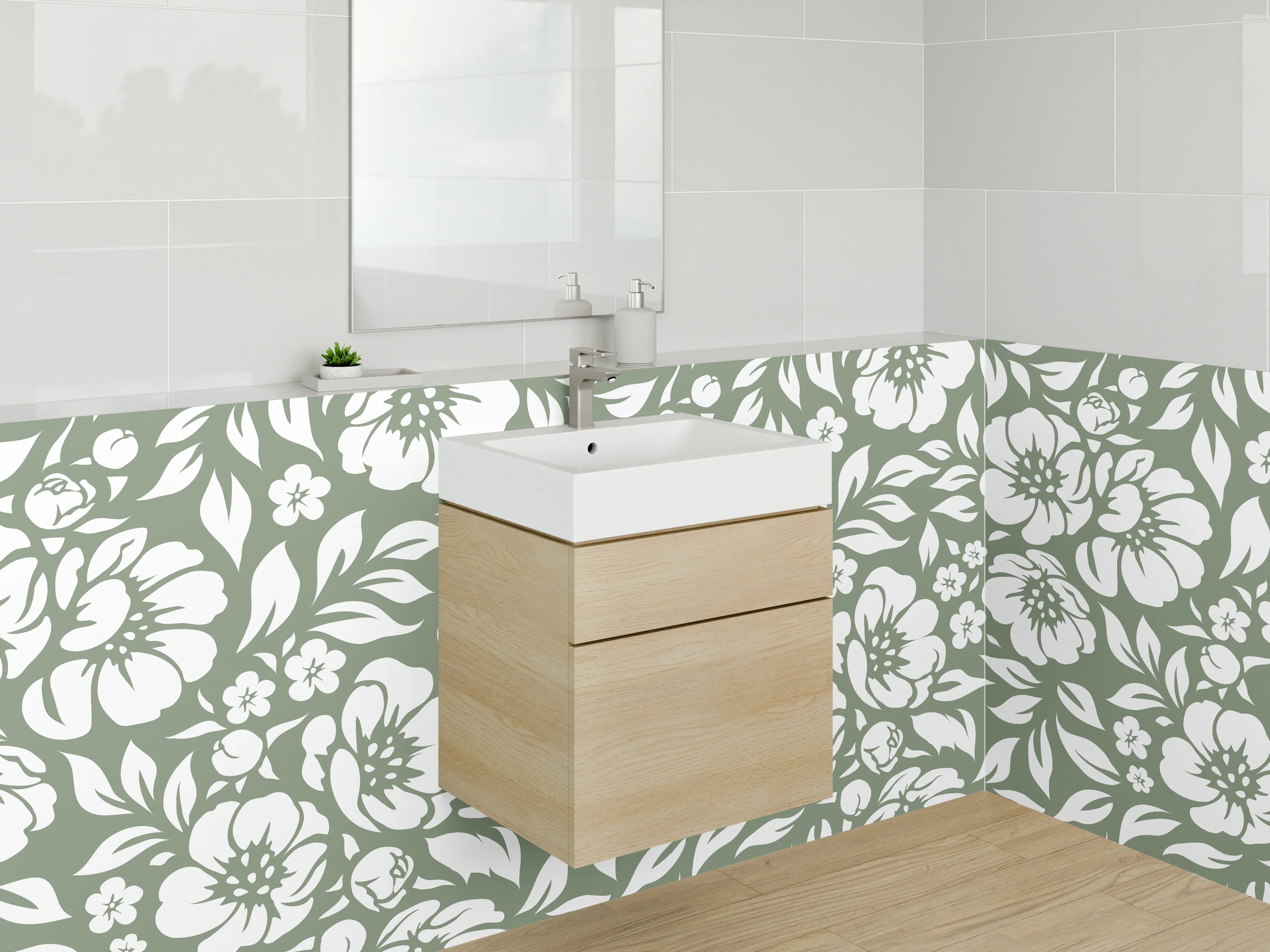 Waschbecken-Rückwand - Weiße Blütenmuster auf grauem Hintergrund