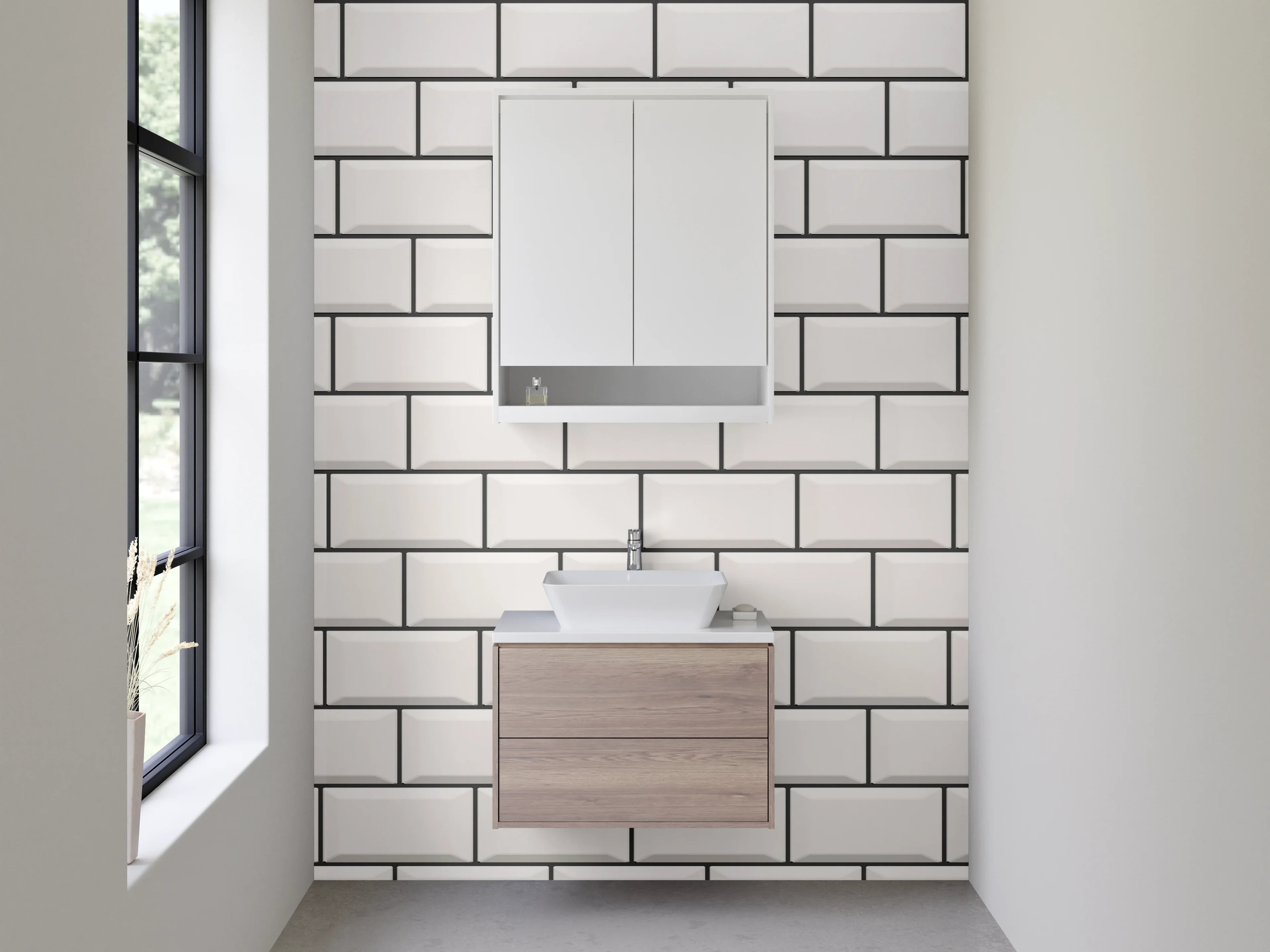 Waschbecken-Rückwand - Weiße Fliesen-Optik, minimalistisch, modern