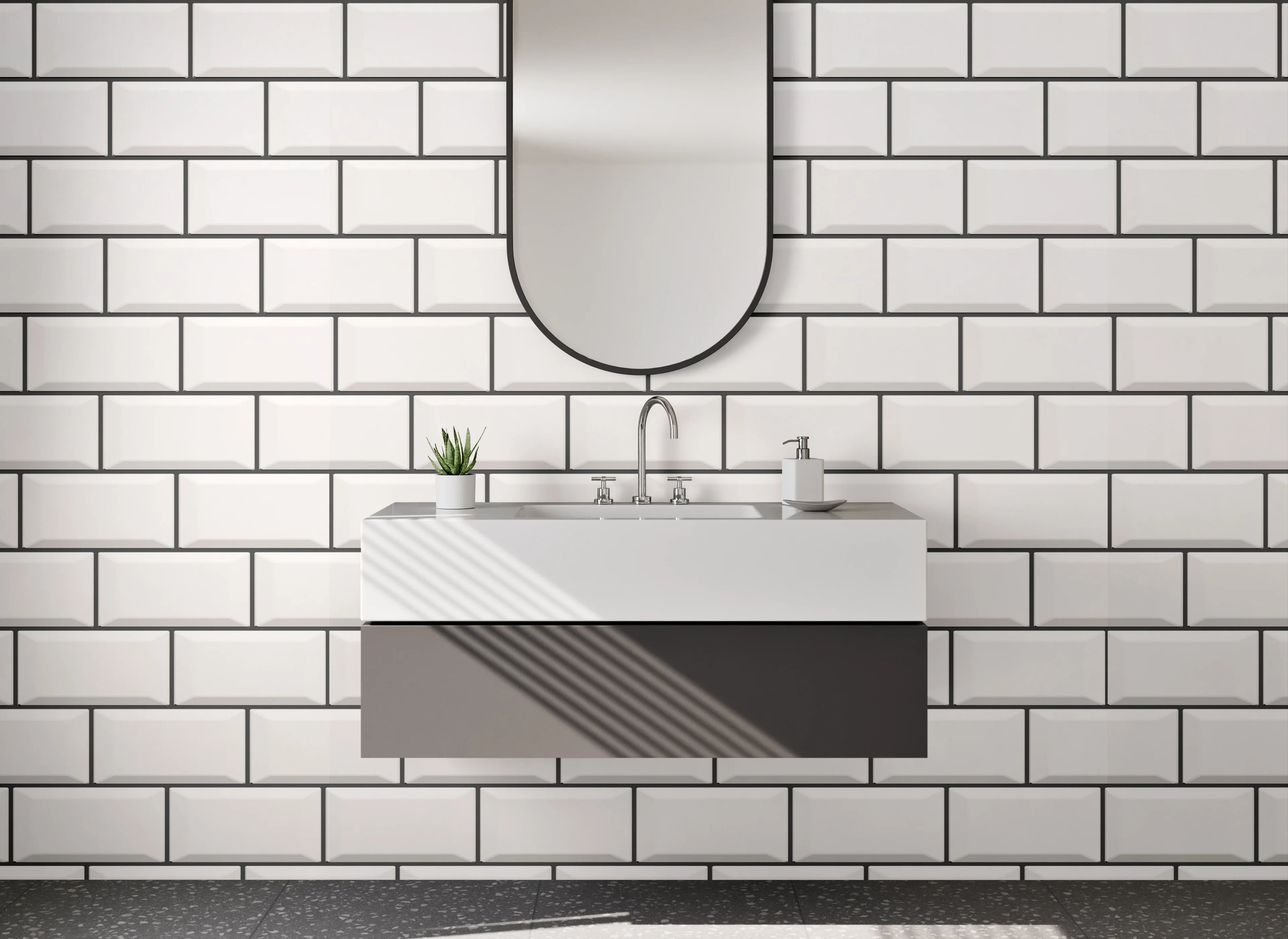 Waschbecken-Rückwand - Weiße Fliesen-Optik, minimalistisch, modern
