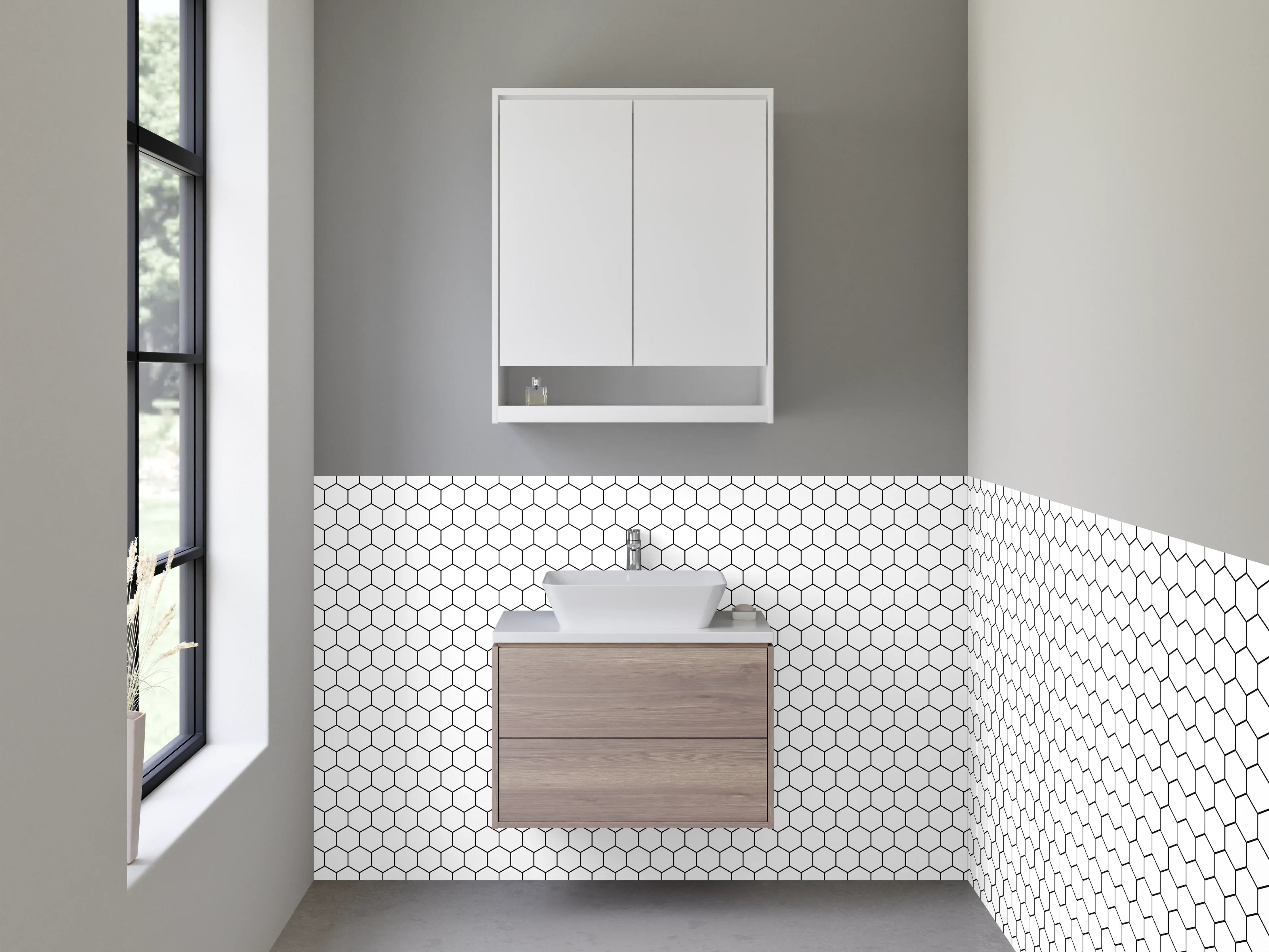 Waschbecken-Rückwand - Weiße Fliesen mit hexagonalen Mustern und Bleistiftzeichnung