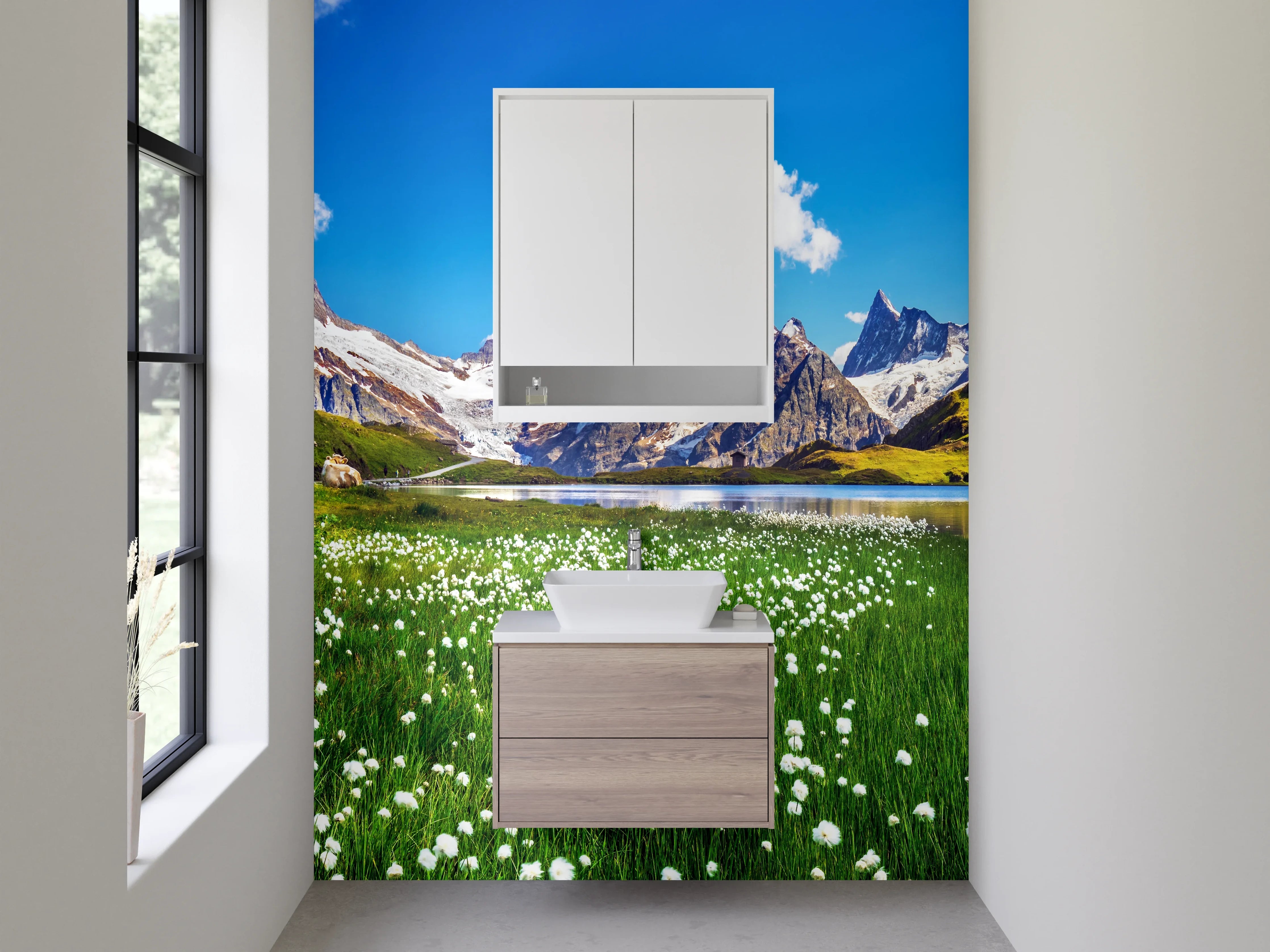 Waschbecken-Rückwand - Weiße Gebirgskulisse mit blauen Seen