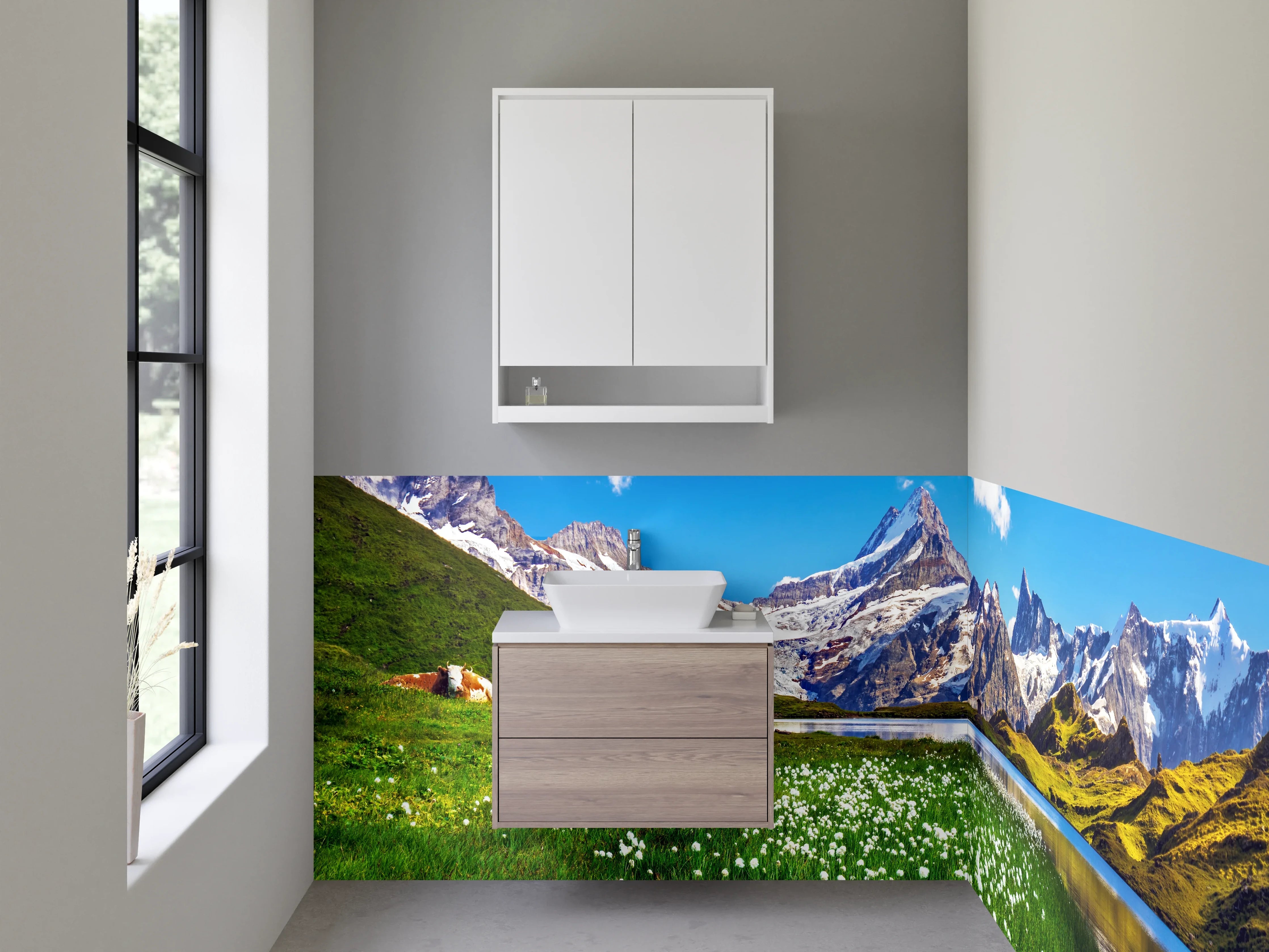 Waschbecken-Rückwand - Weiße Gebirgskulisse mit blauen Seen