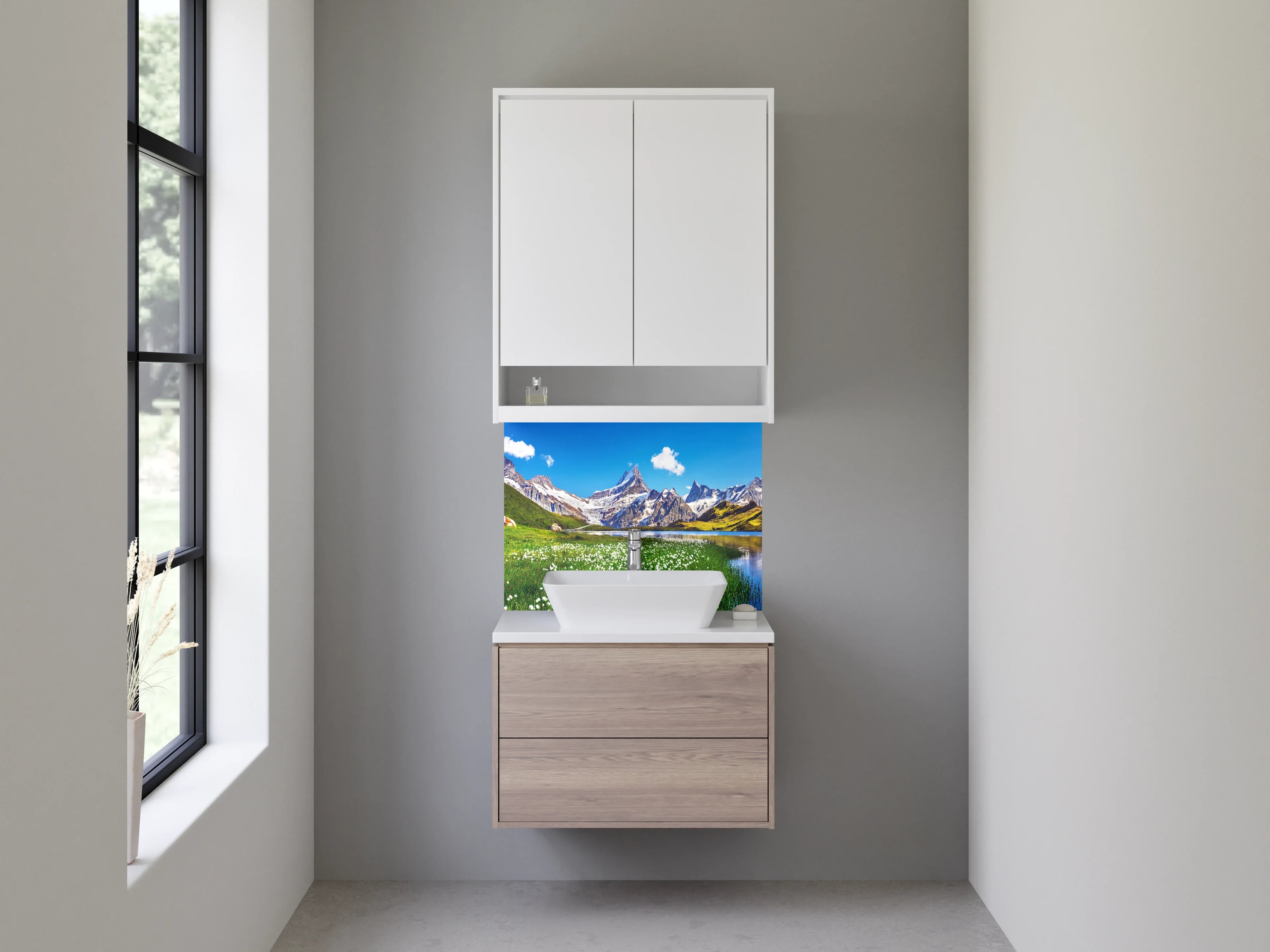 Waschbecken-Rückwand - Weiße Gebirgskulisse mit blauen Seen