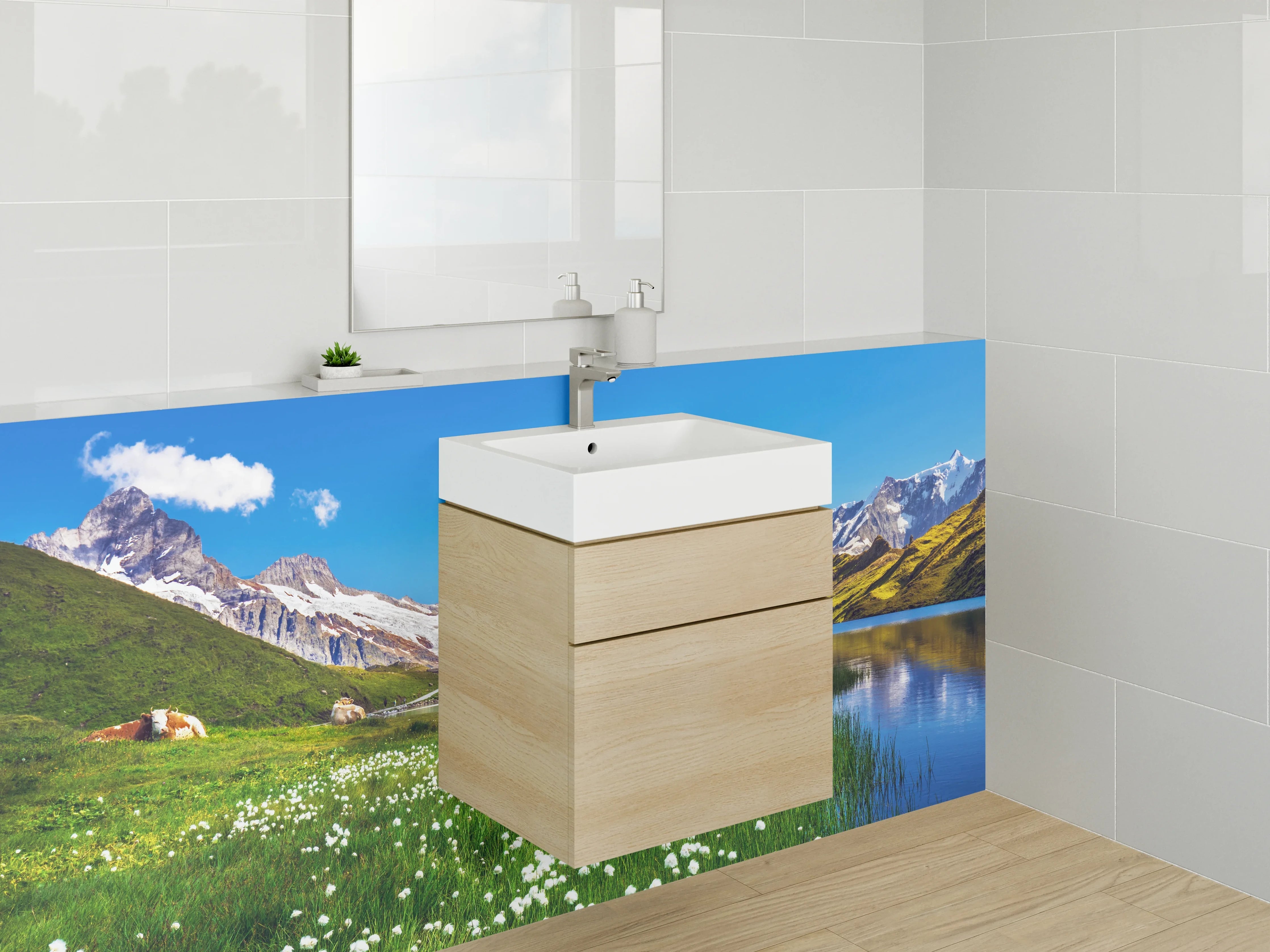 Waschbecken-Rückwand - Weiße Gebirgskulisse mit blauen Seen