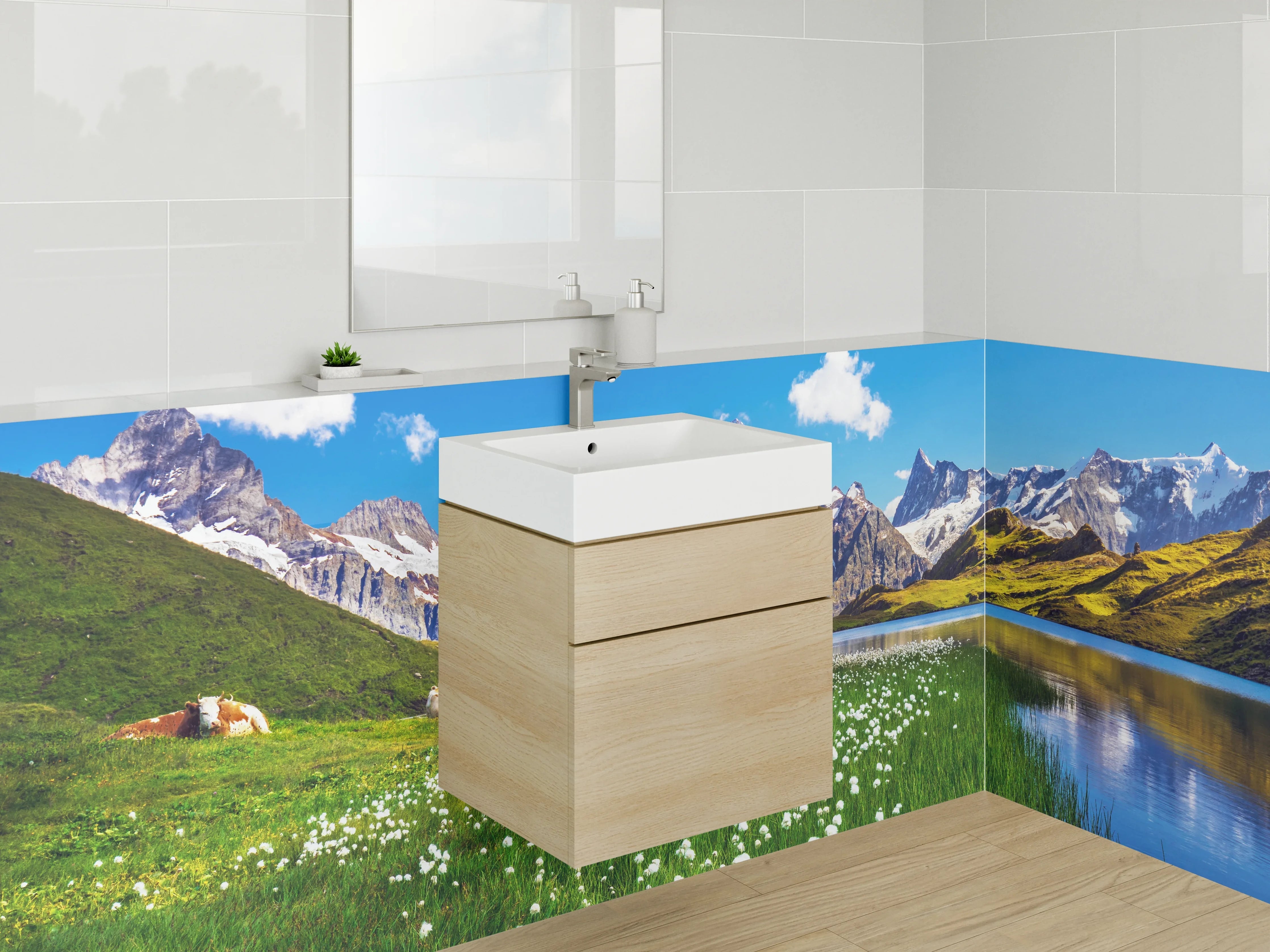 Waschbecken-Rückwand - Weiße Gebirgskulisse mit blauen Seen