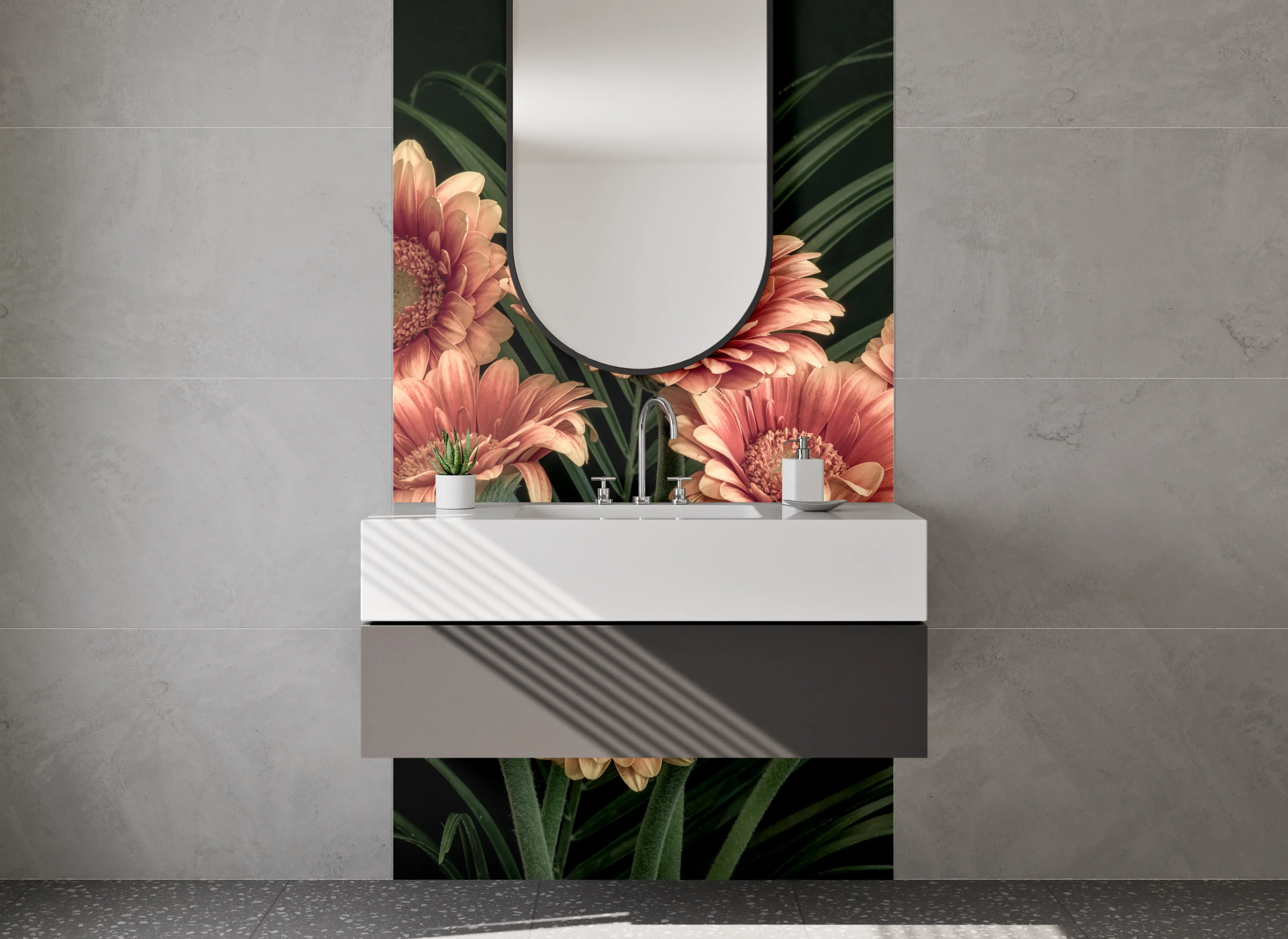 Waschbecken-Rückwand - Weiße Gerbera im grauen Schatten
