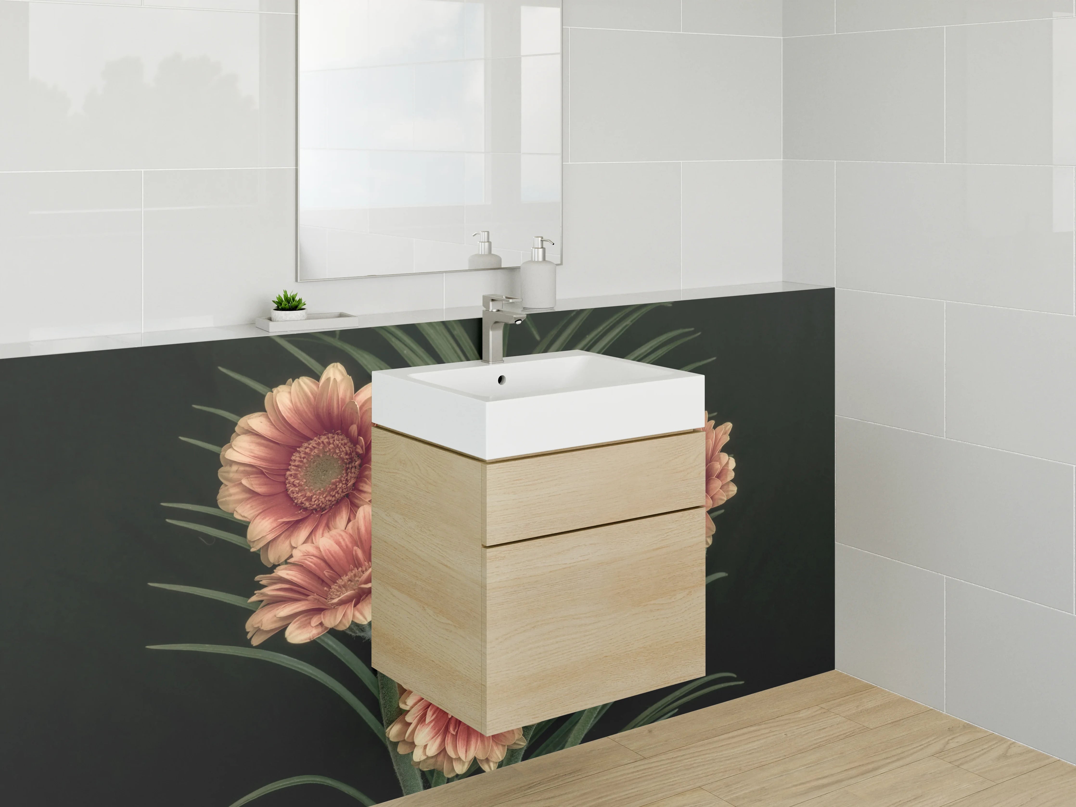 Waschbecken-Rückwand - Weiße Gerbera im grauen Schatten