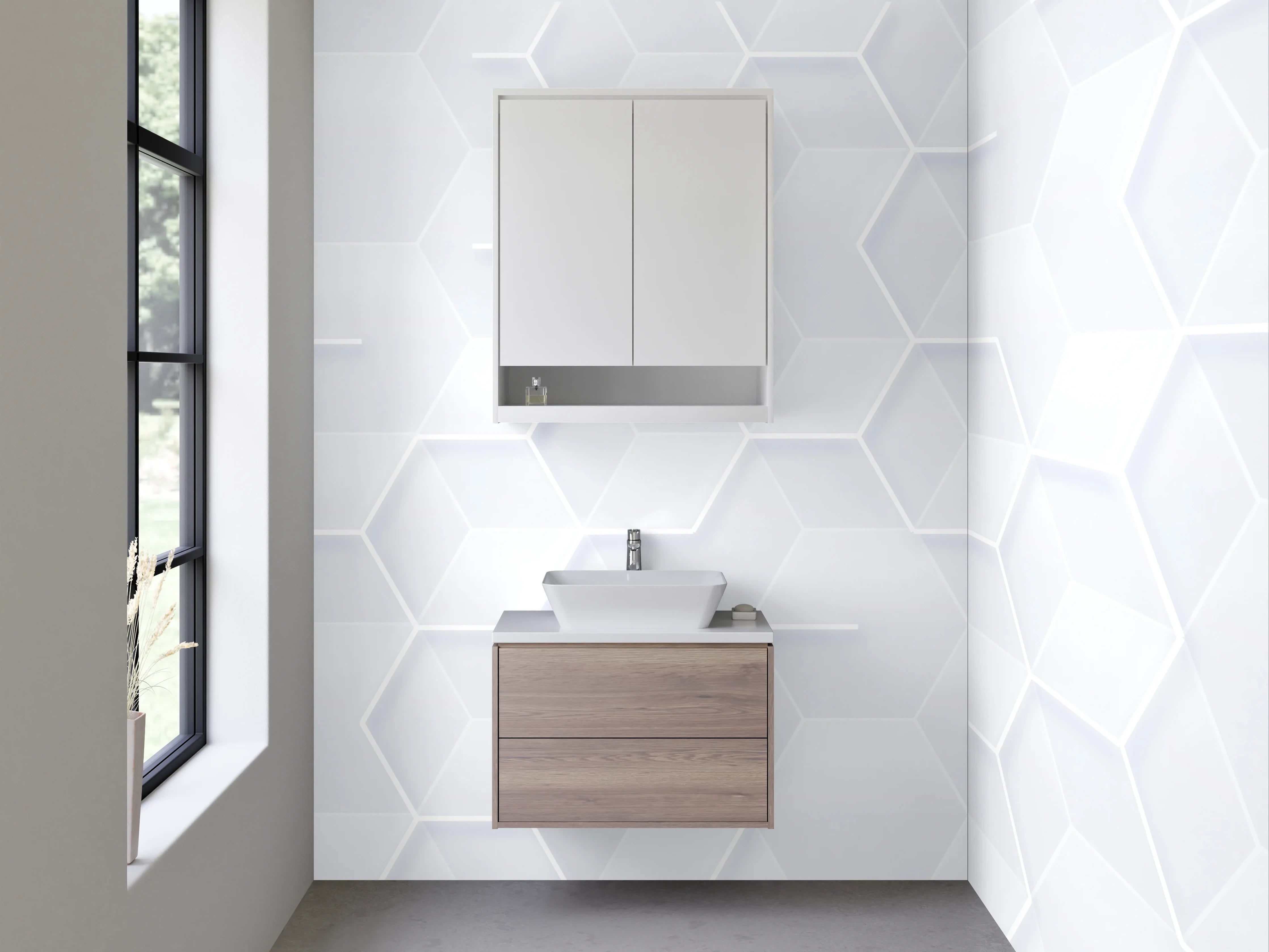 Waschbecken-Rückwand - Weiße Hexagon 3D-Struktur modern