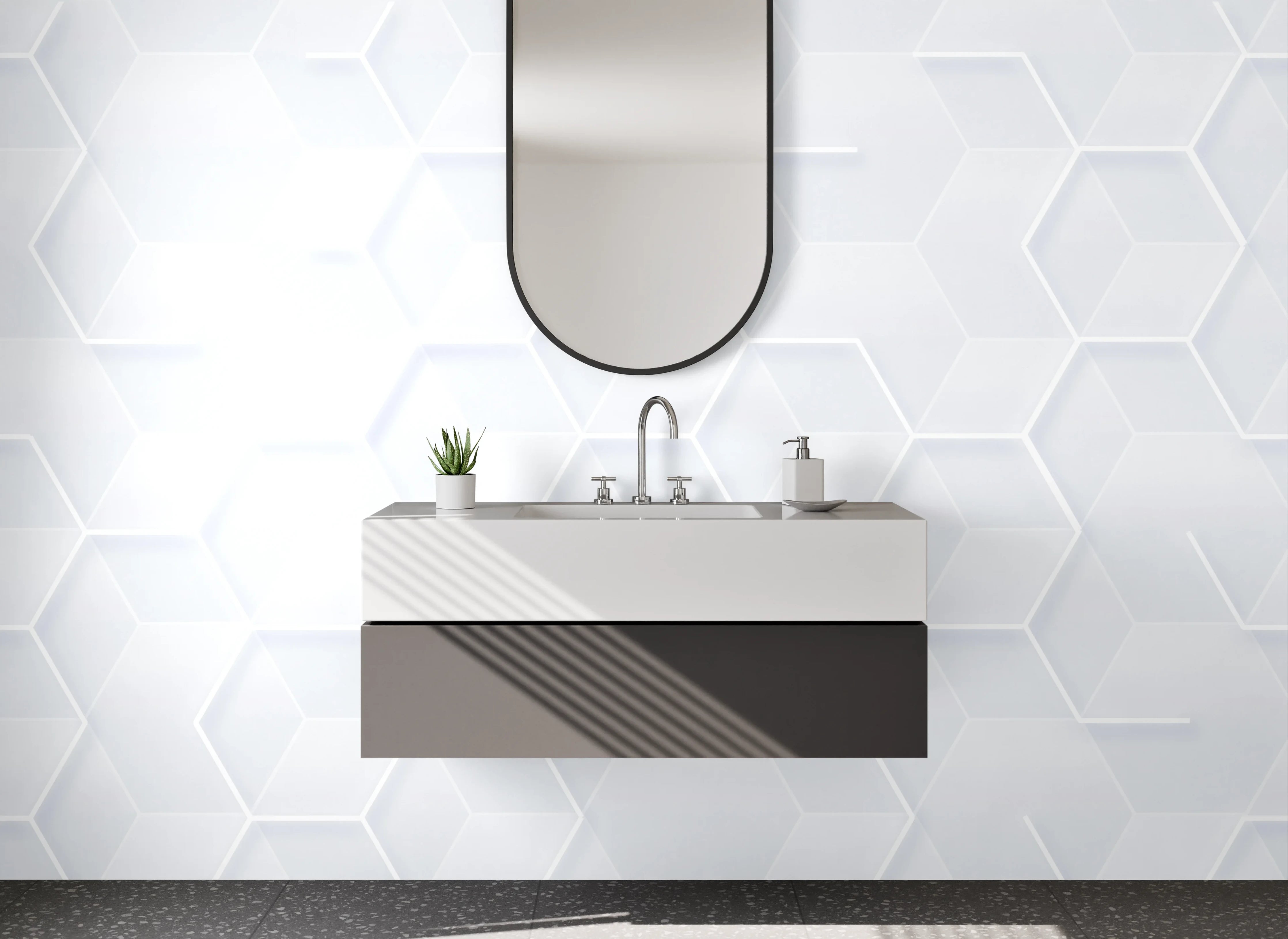 Waschbecken-Rückwand - Weiße Hexagon 3D-Struktur modern
