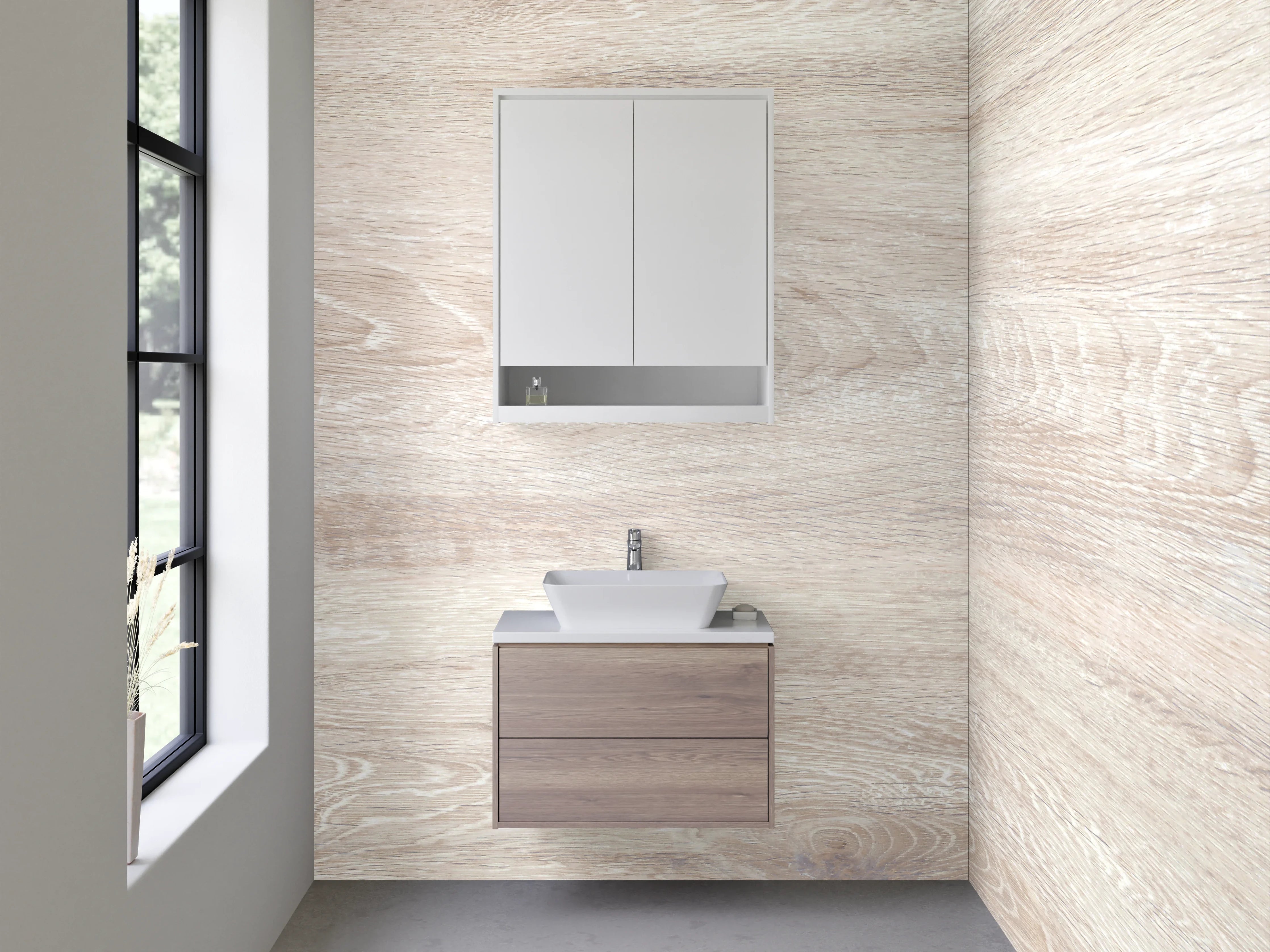 Waschbecken-Rückwand - Weiße Holzoptik Oberfläche