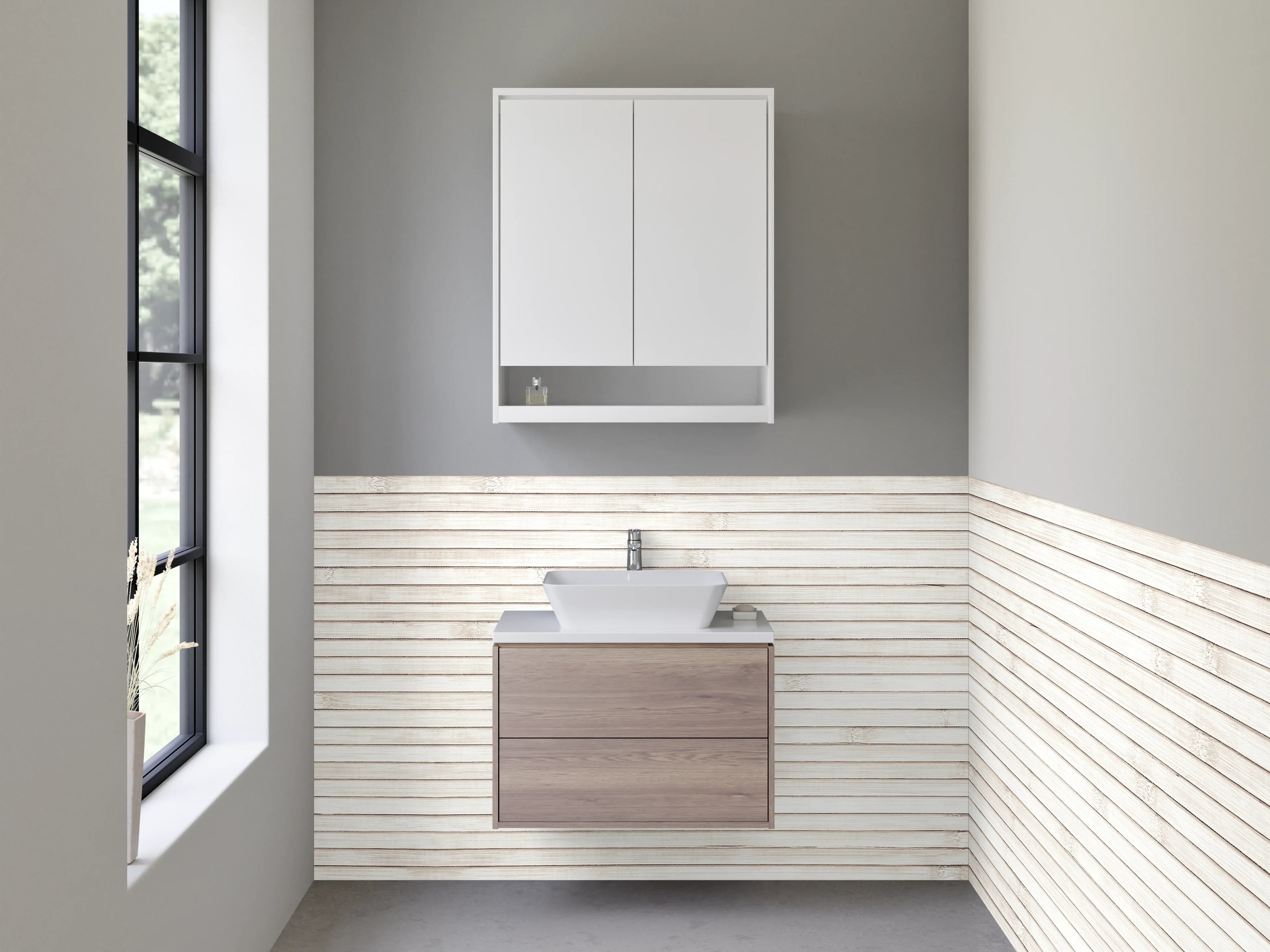 Waschbecken-Rückwand - Weiße Holzoptik-Paneele modern