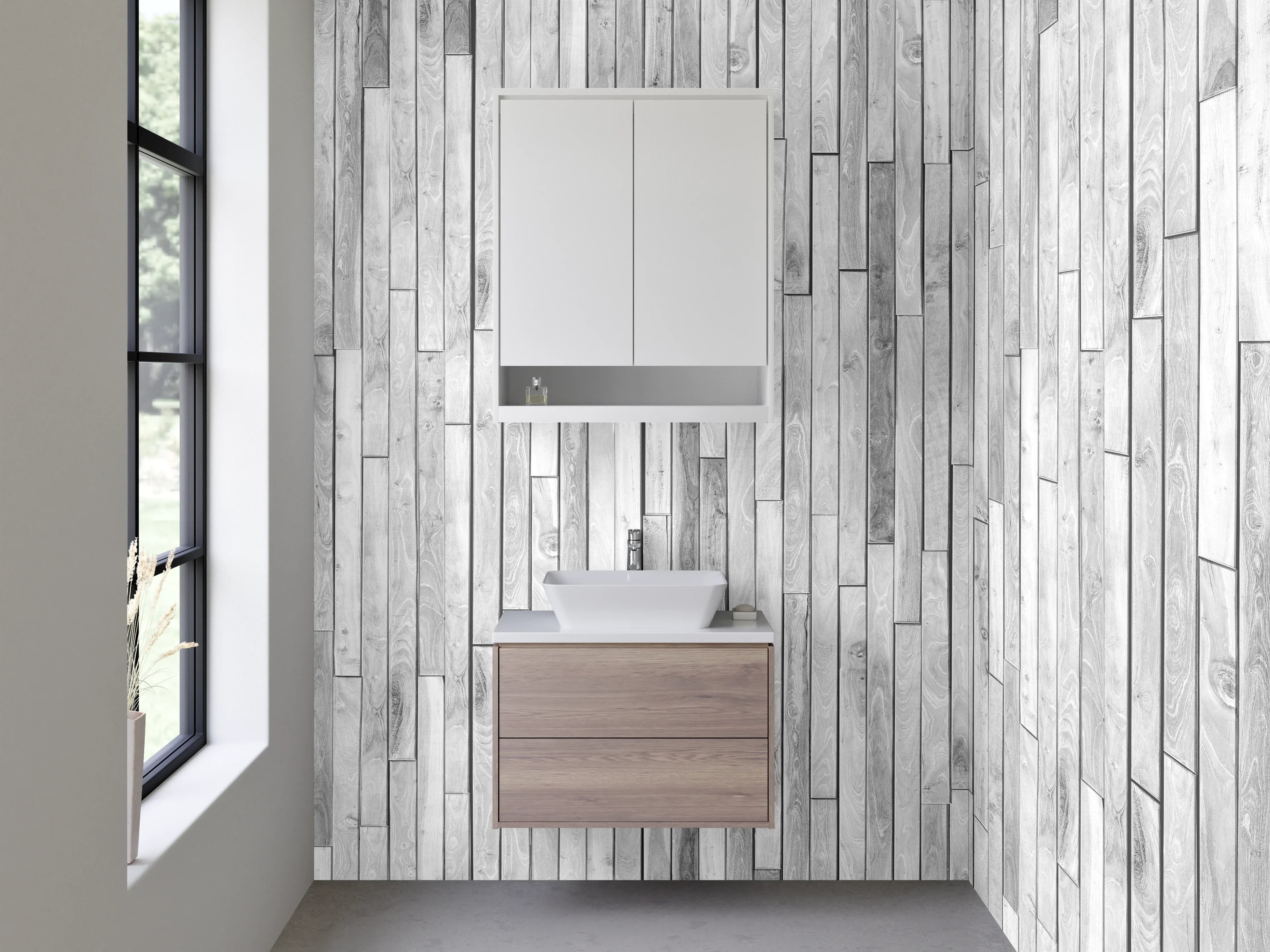 Waschbecken-Rückwand - Weiße Holzoptik-Vertäfelung modern minimalistisch