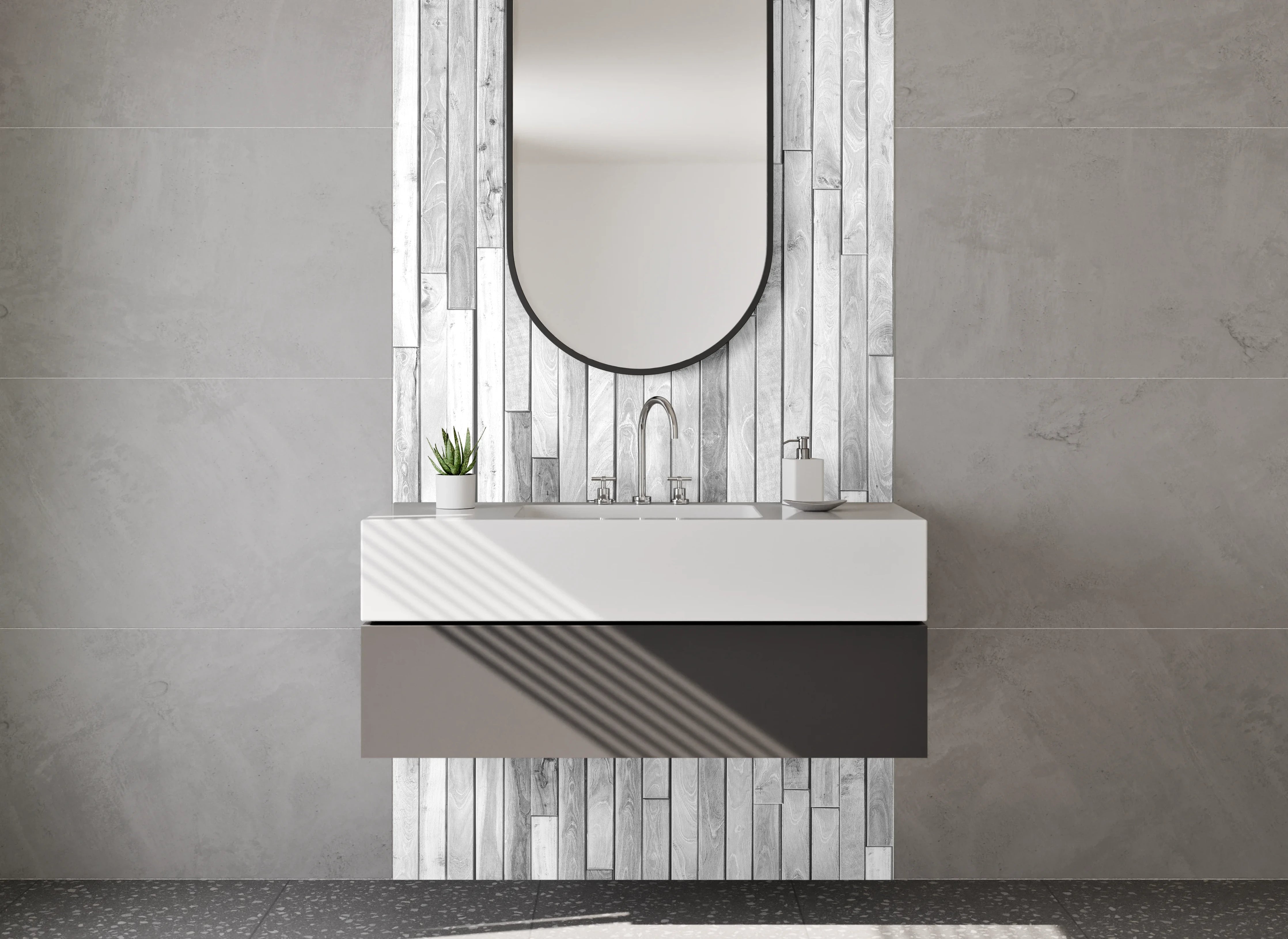 Waschbecken-Rückwand - Weiße Holzoptik-Vertäfelung modern minimalistisch