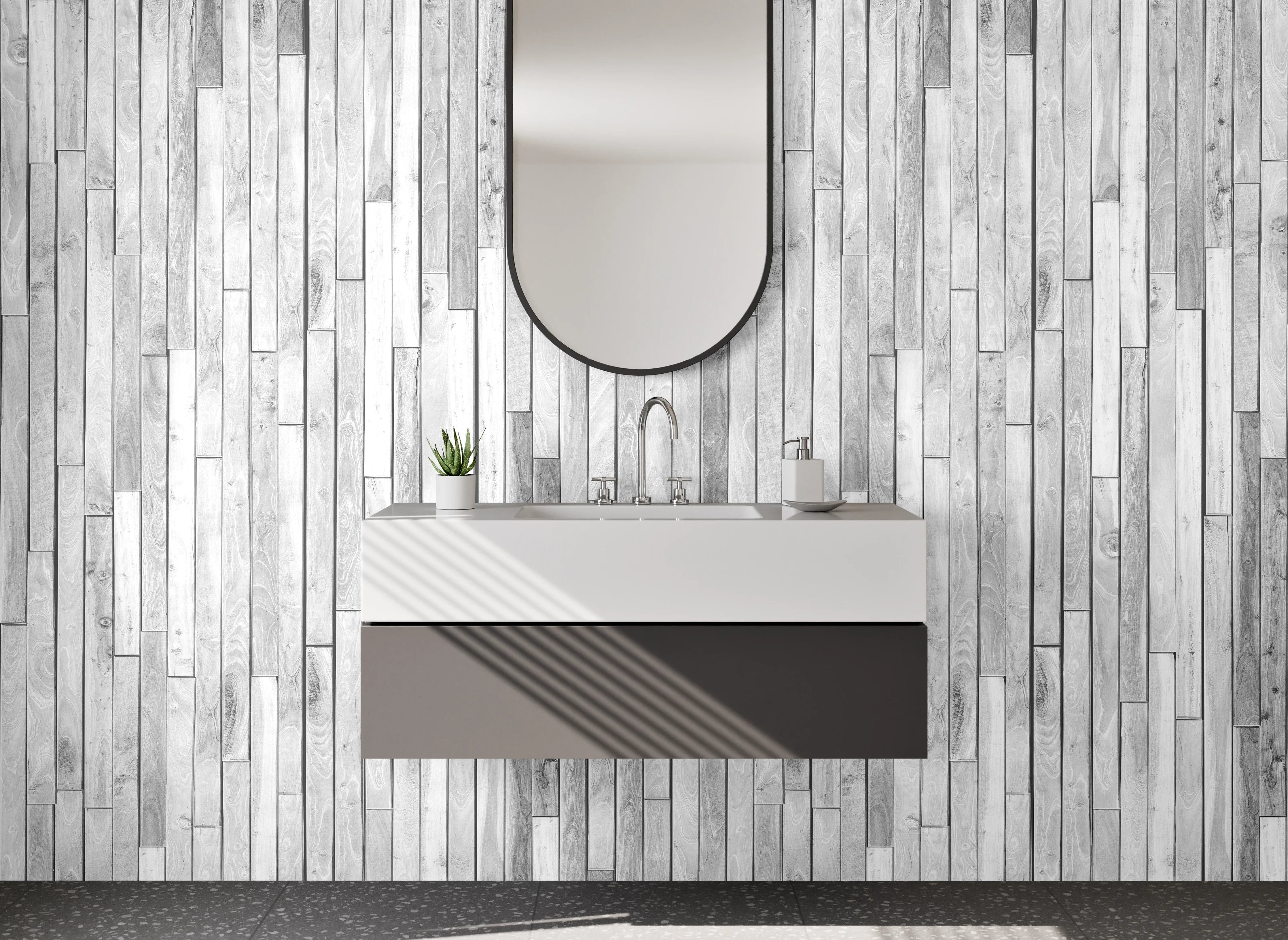 Waschbecken-Rückwand - Weiße Holzoptik-Vertäfelung modern minimalistisch