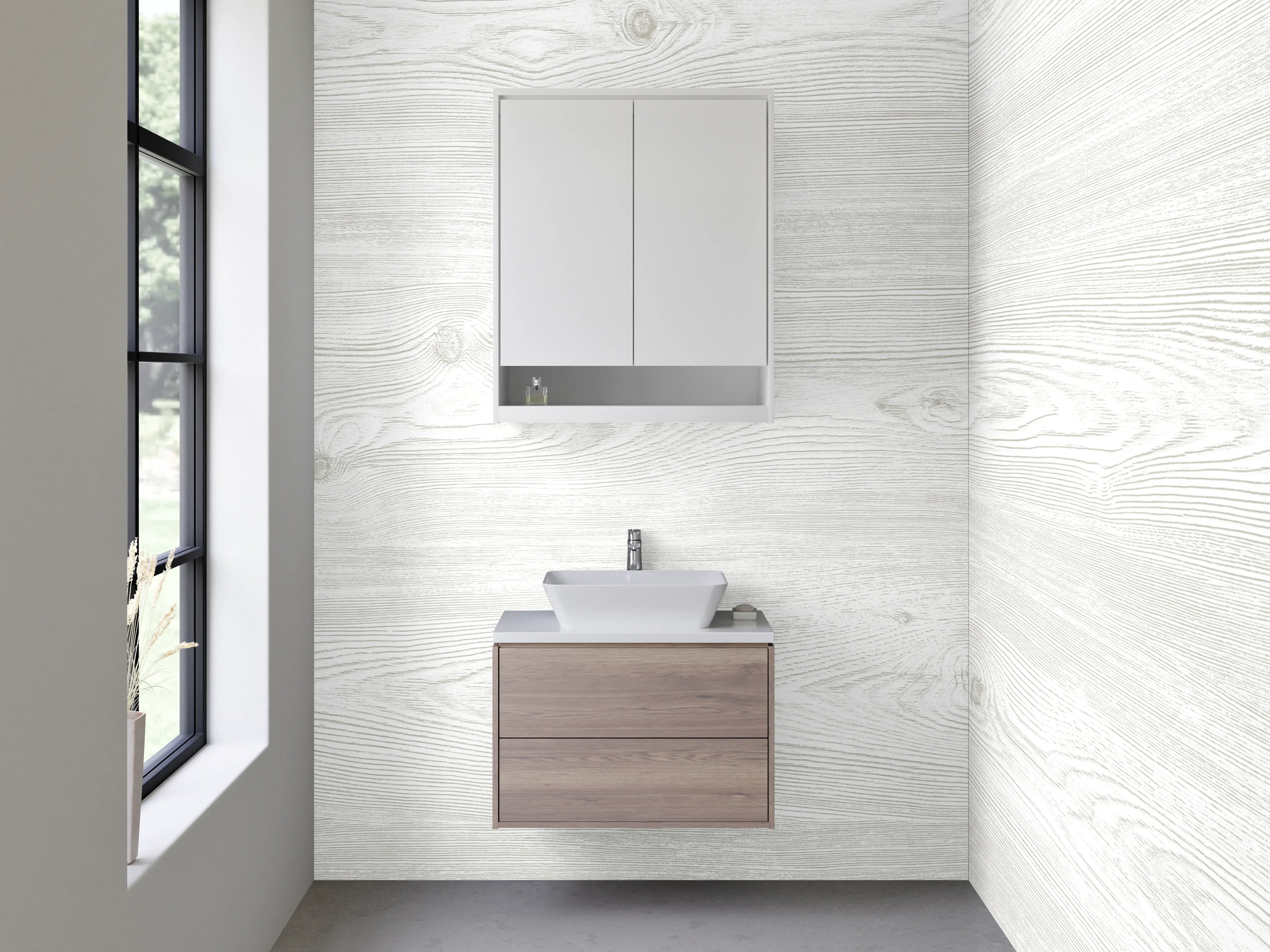 Waschbecken-Rückwand - Weiße Holzoptik Wand mit subtiler Maserung