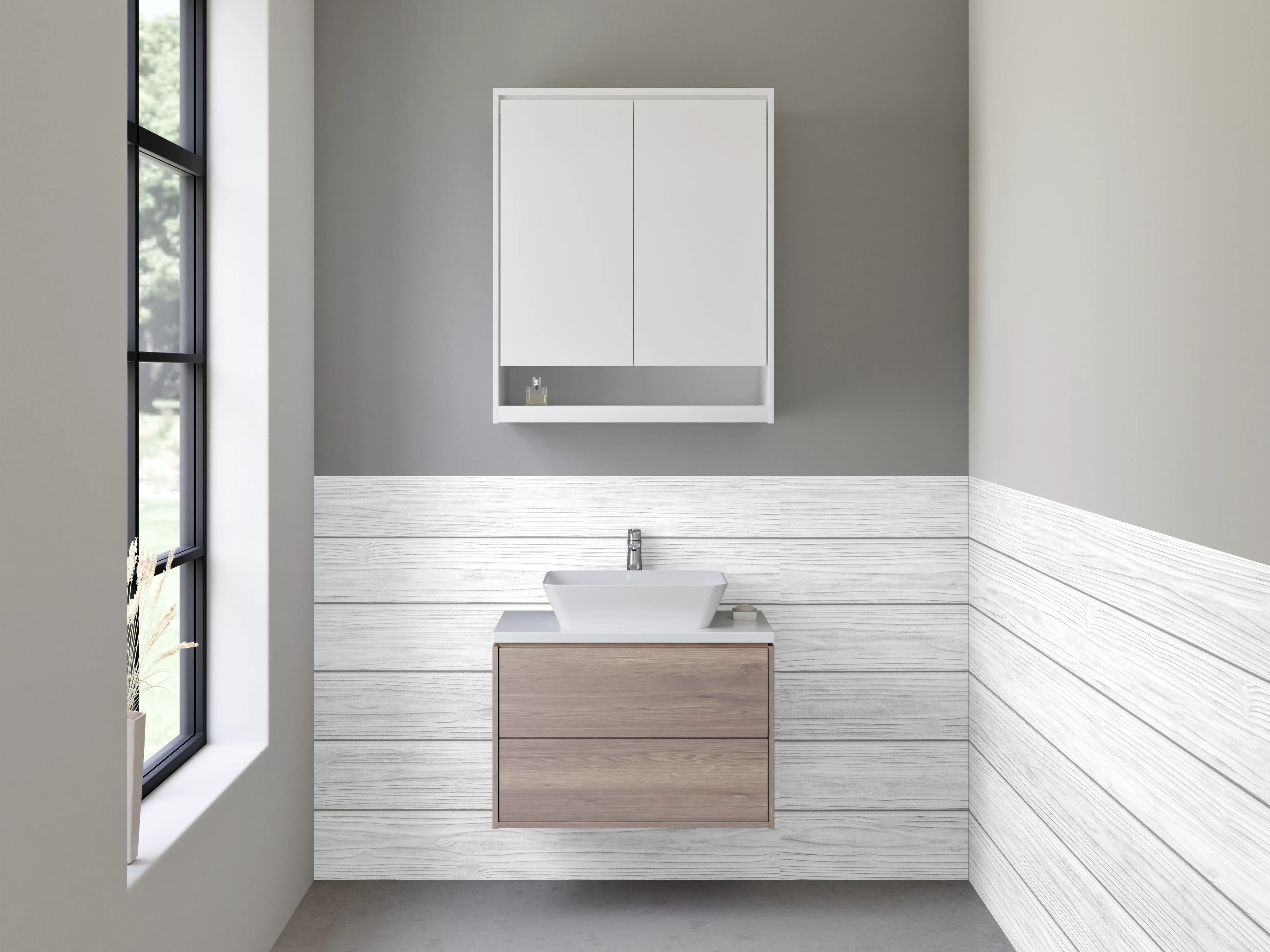 Waschbecken-Rückwand - Weiße Holzoptik mit zarten Grautönen