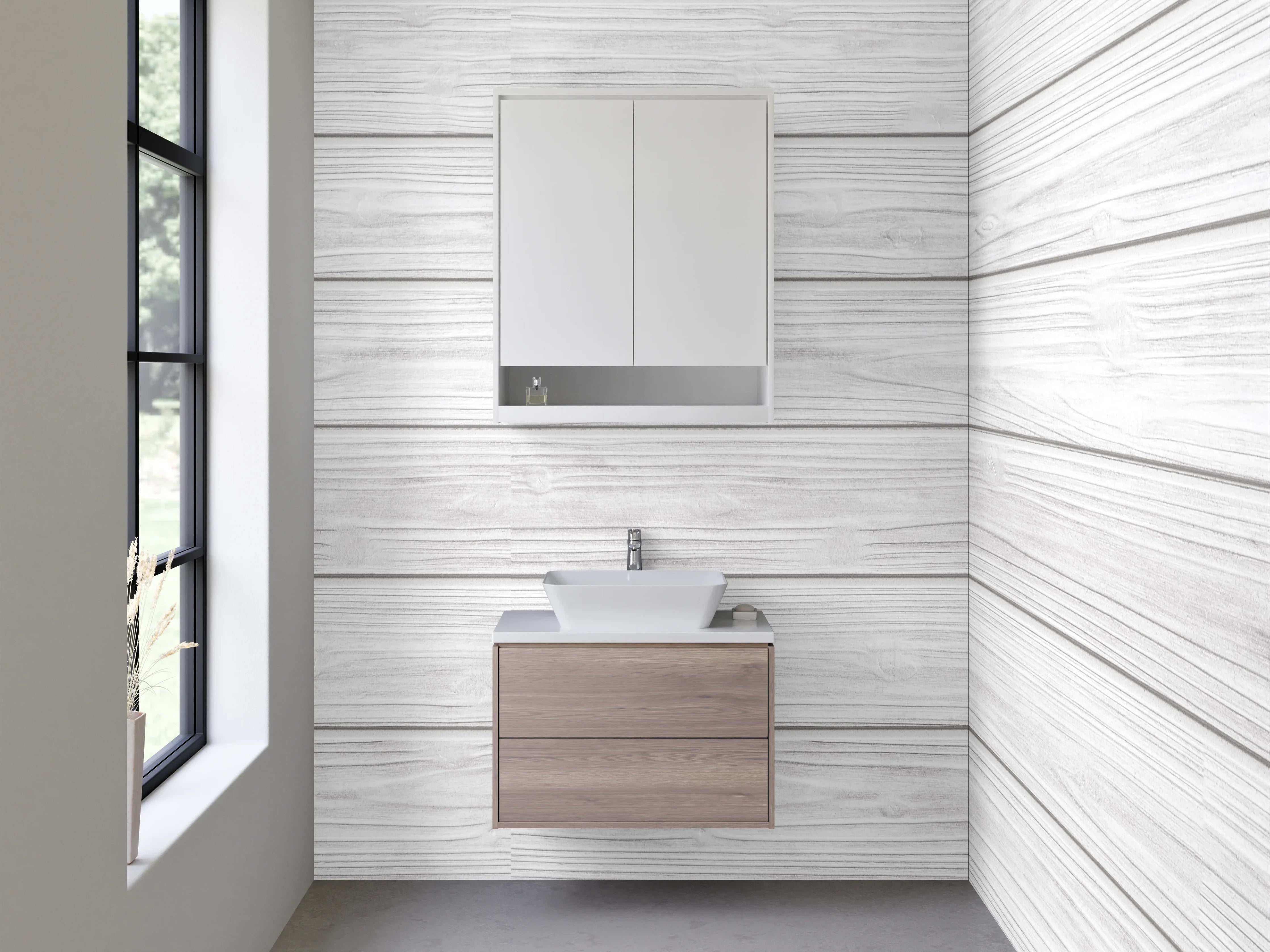 Waschbecken-Rückwand - Weiße Holzoptik mit zarten Grautönen