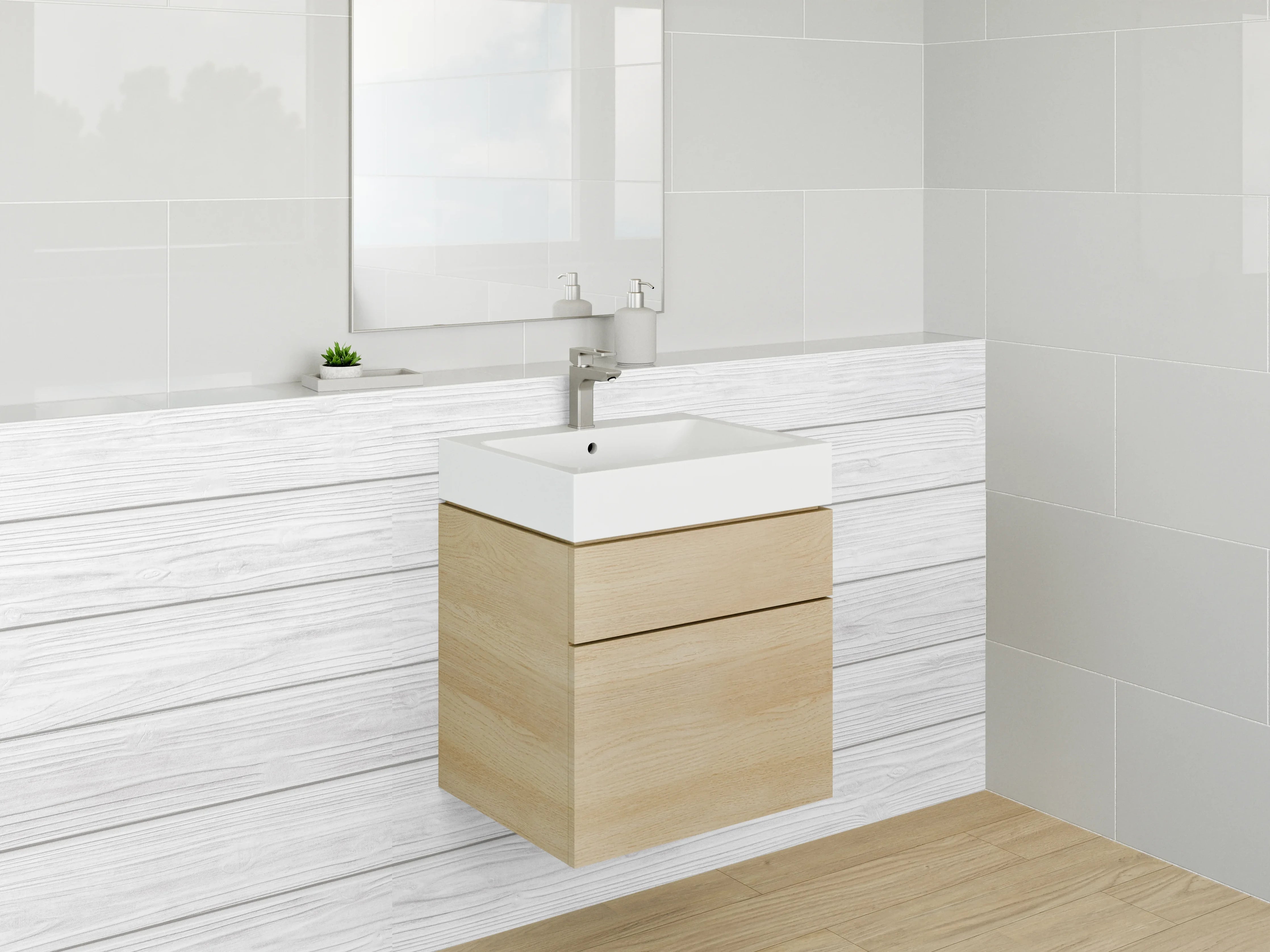 Waschbecken-Rückwand - Weiße Holzoptik mit zarten Grautönen