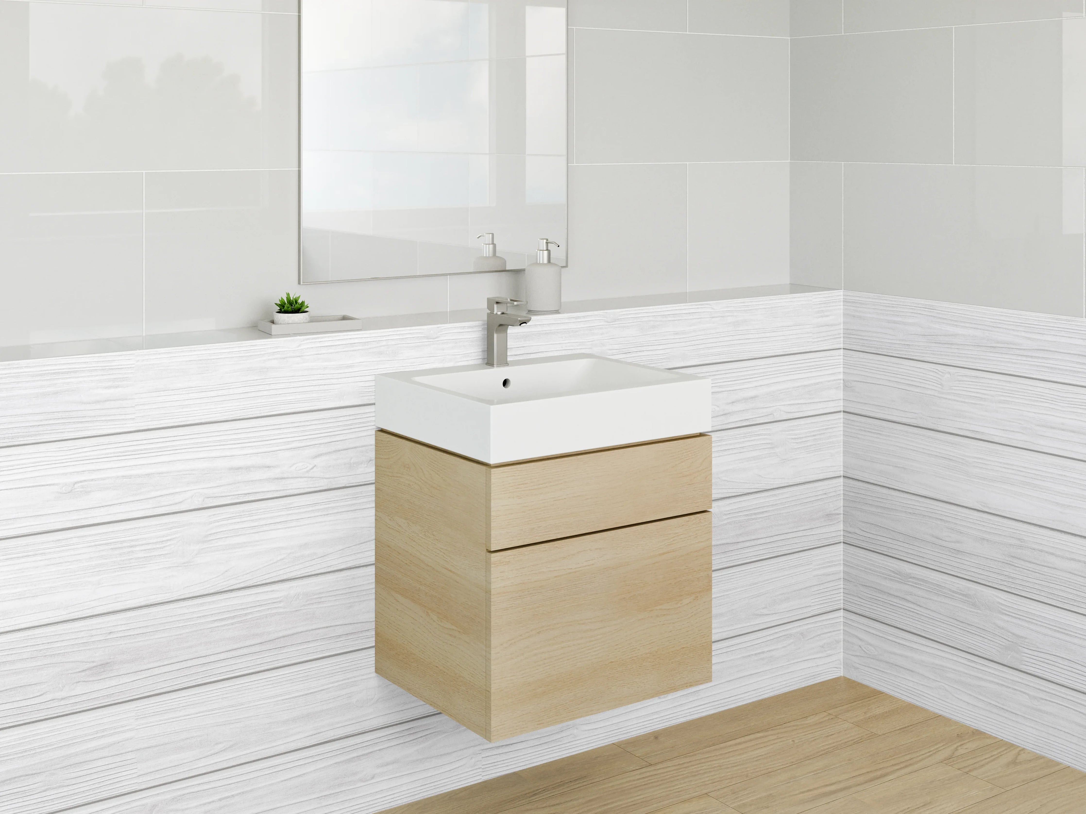 Waschbecken-Rückwand - Weiße Holzoptik mit zarten Grautönen