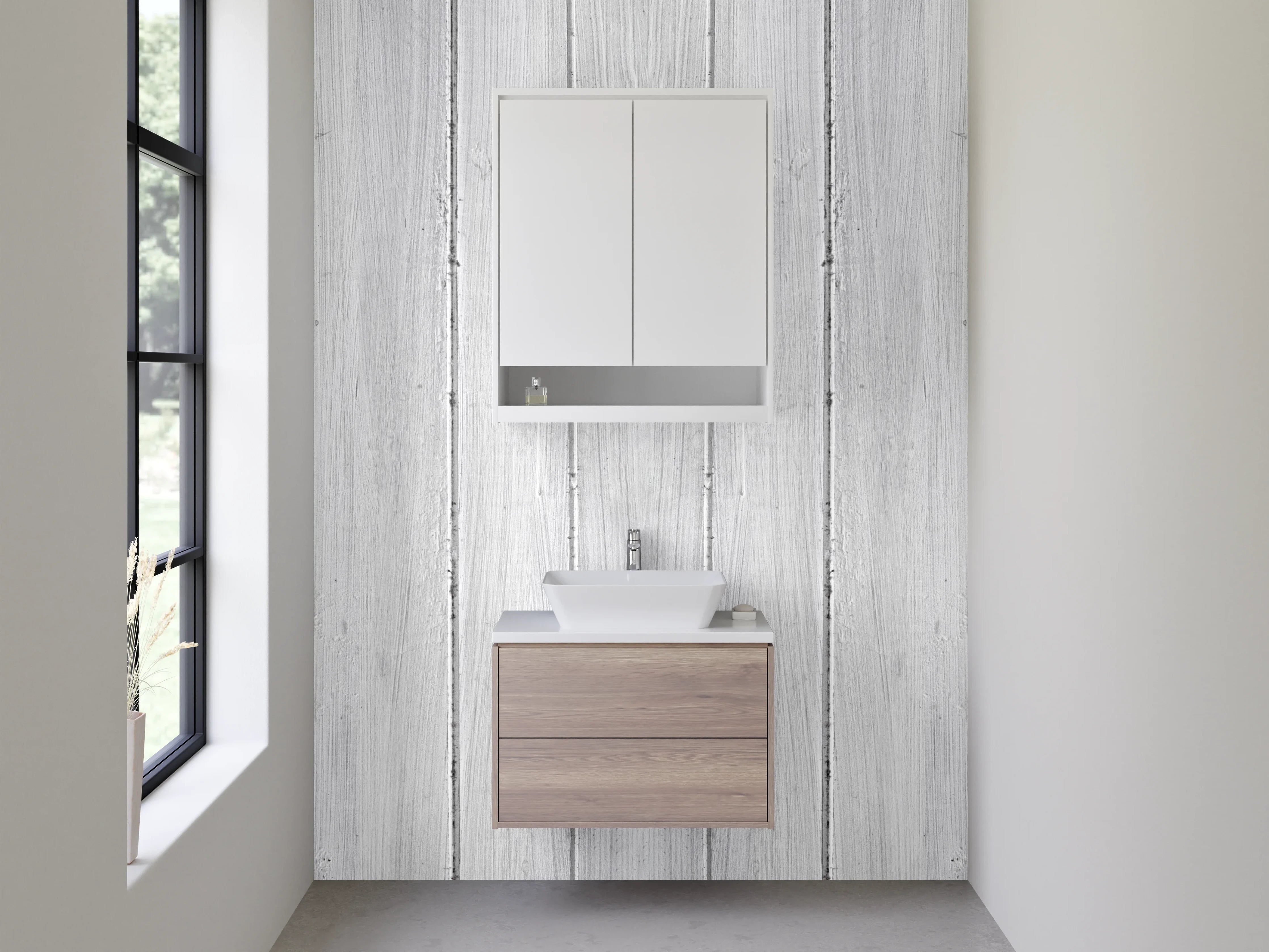 Waschbecken-Rückwand - Weiße Holzpaneele mit subtiler Maserung