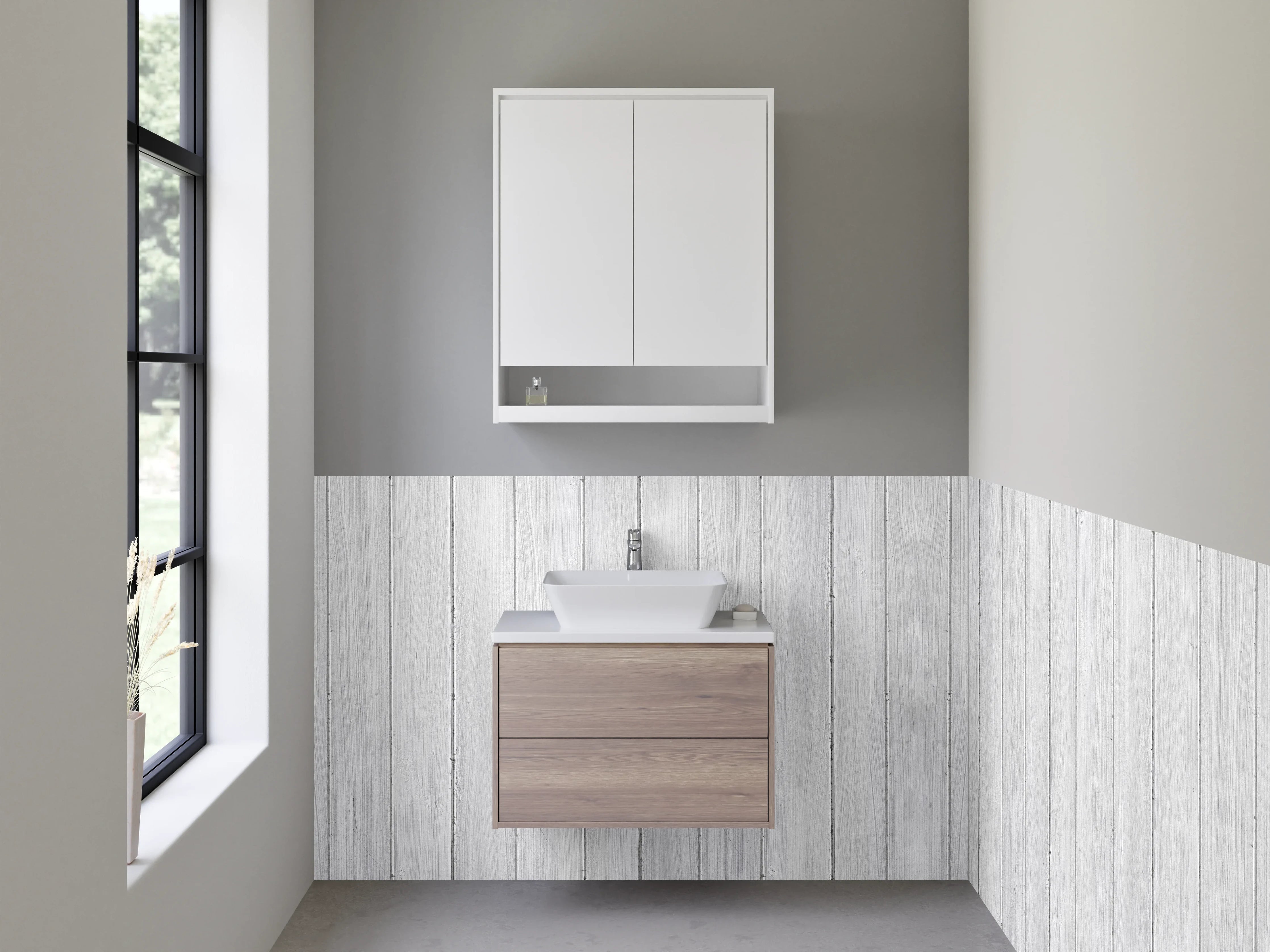 Waschbecken-Rückwand - Weiße Holzpaneele mit subtiler Maserung