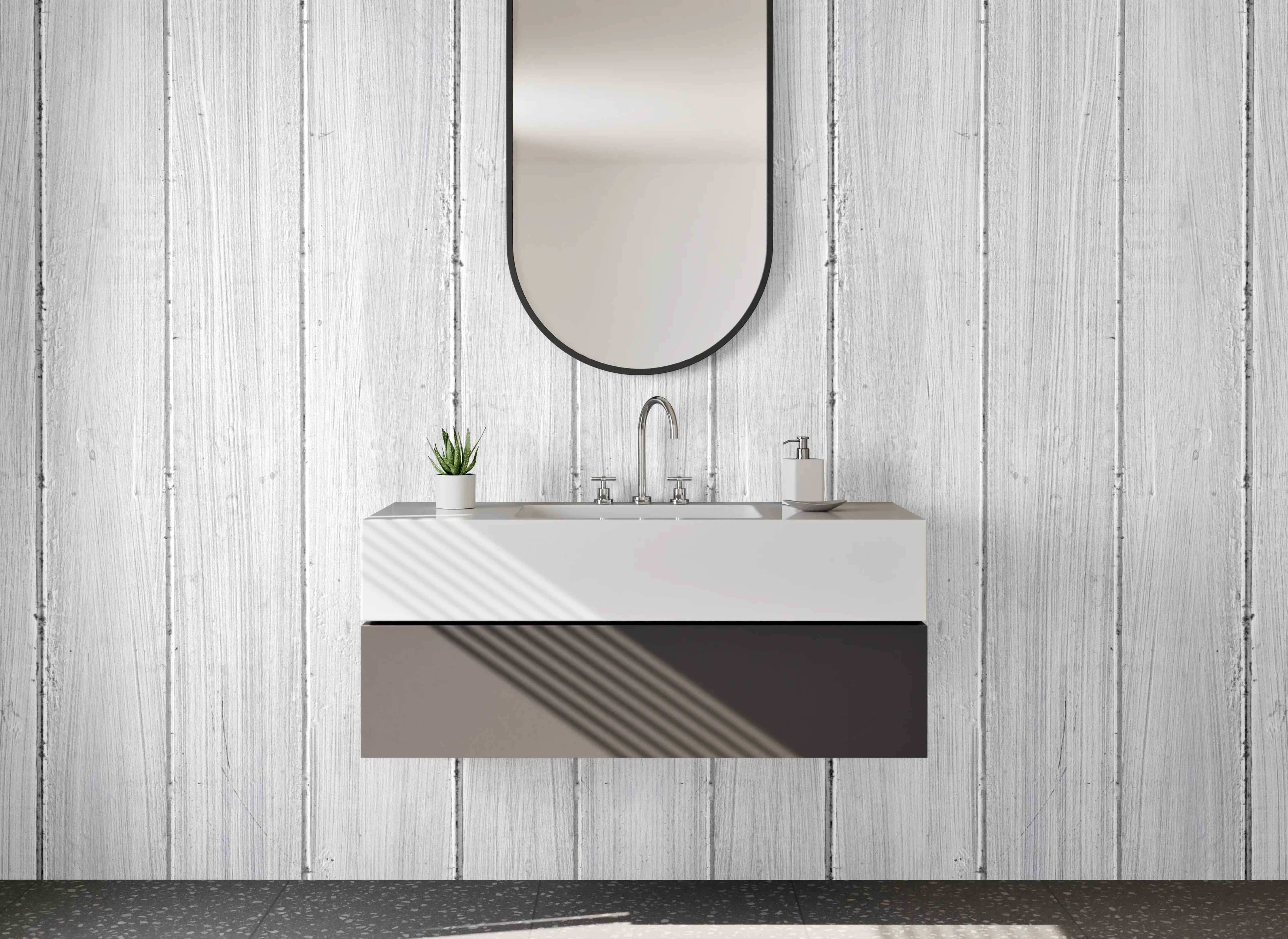 Waschbecken-Rückwand - Weiße Holzpaneele mit subtiler Maserung