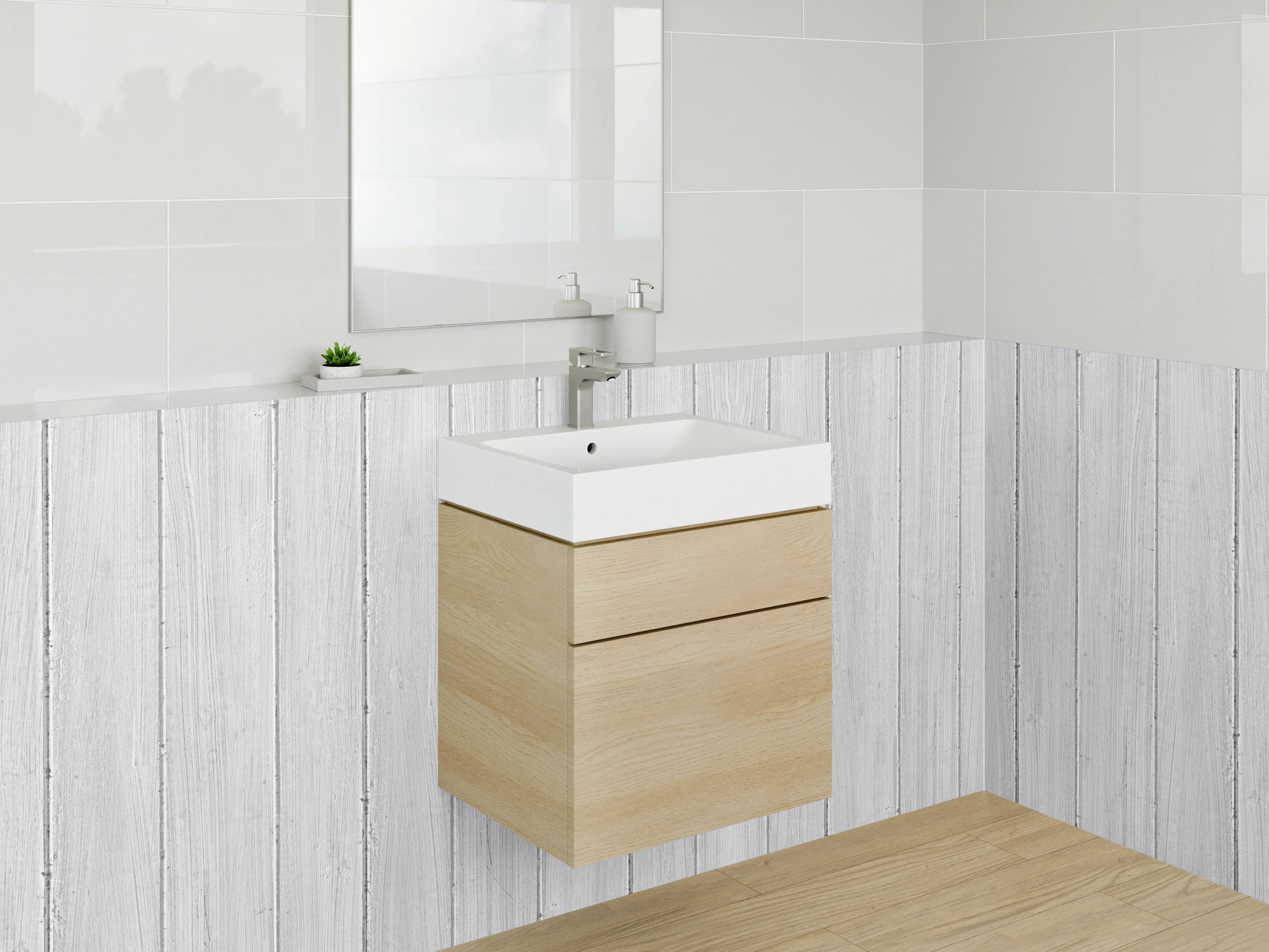 Waschbecken-Rückwand - Weiße Holzpaneele mit subtiler Maserung