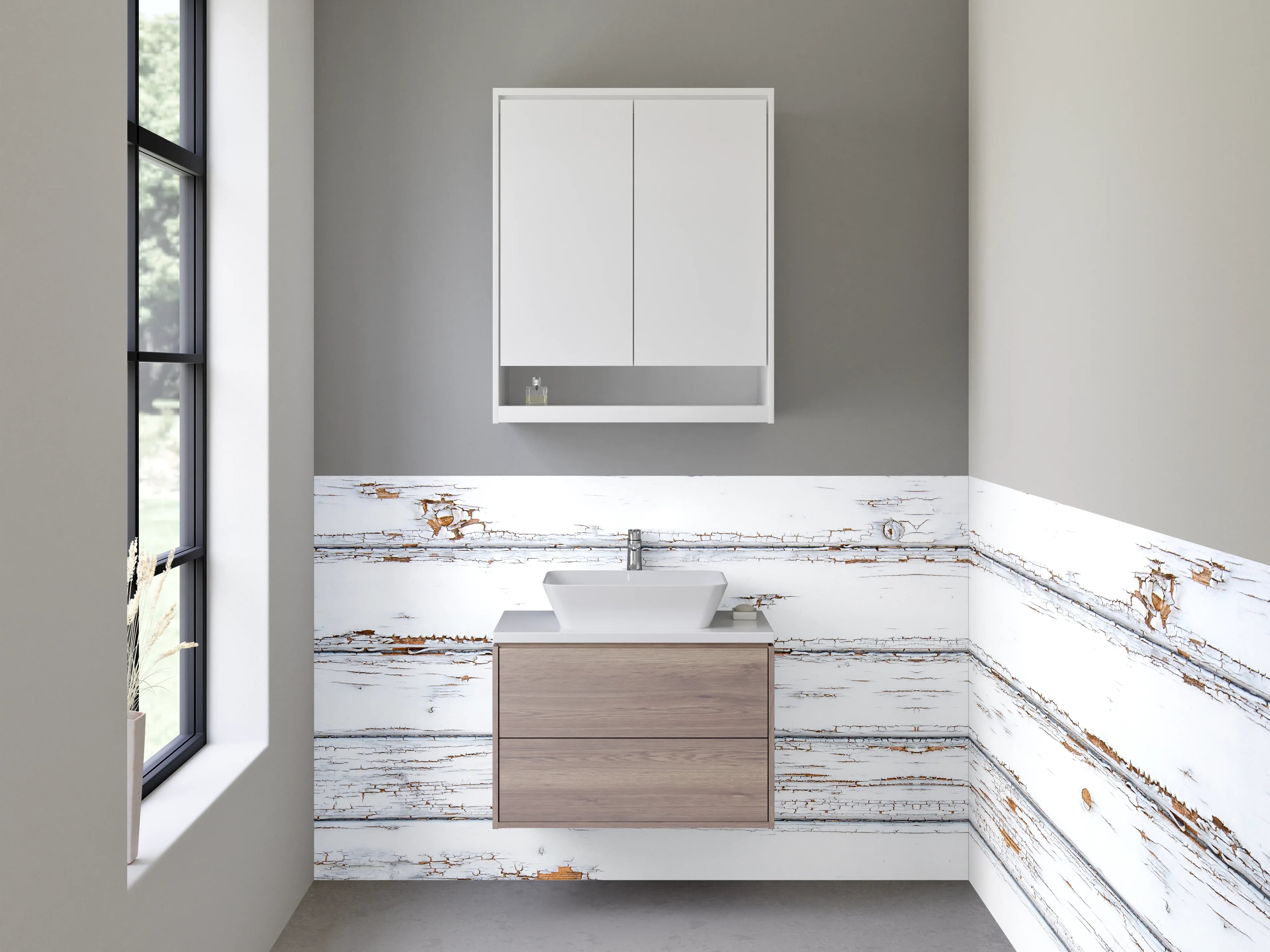 Waschbecken-Rückwand - Weiße Holzvertäfelung mit Patina