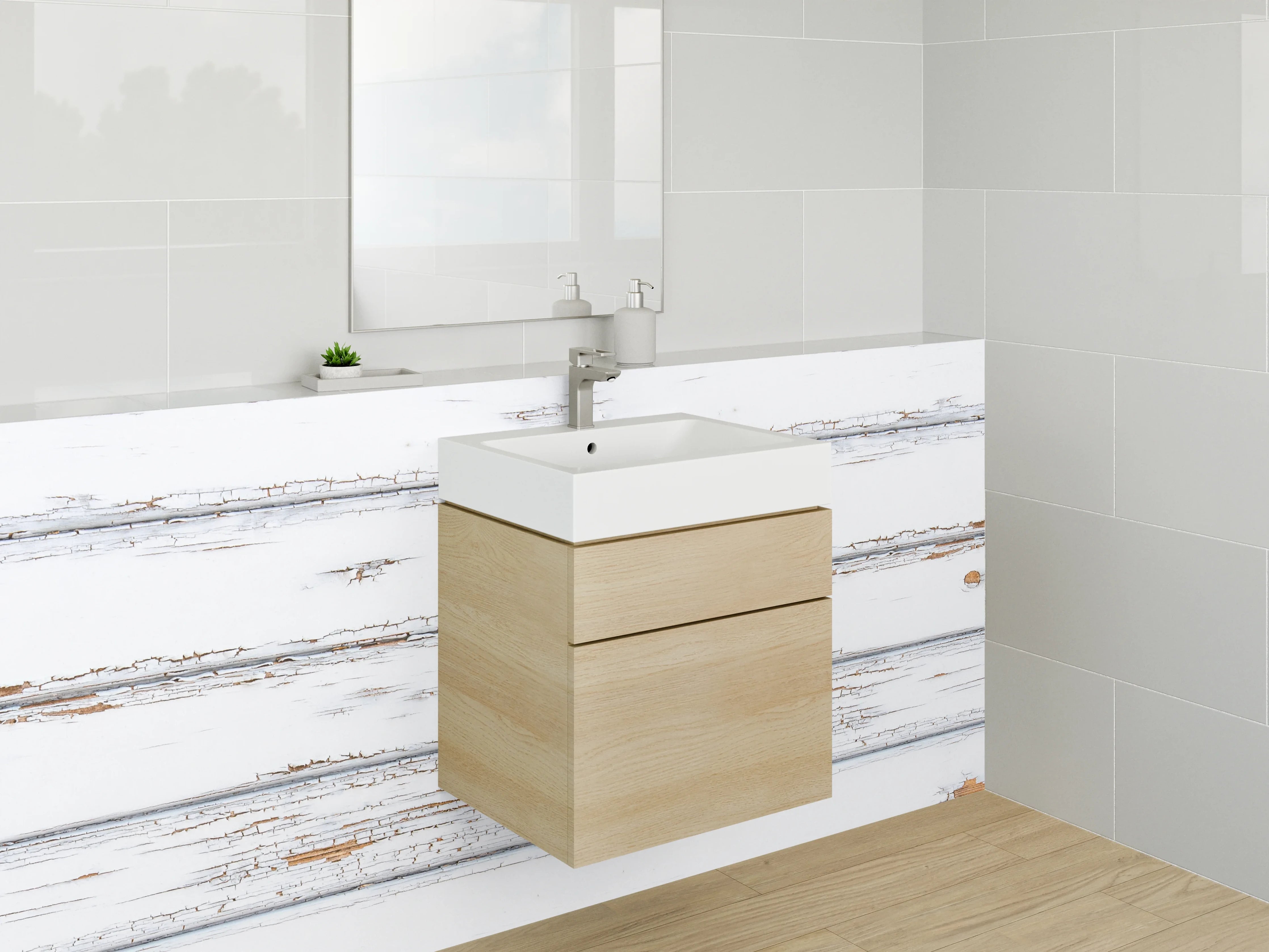 Waschbecken-Rückwand - Weiße Holzvertäfelung mit Patina