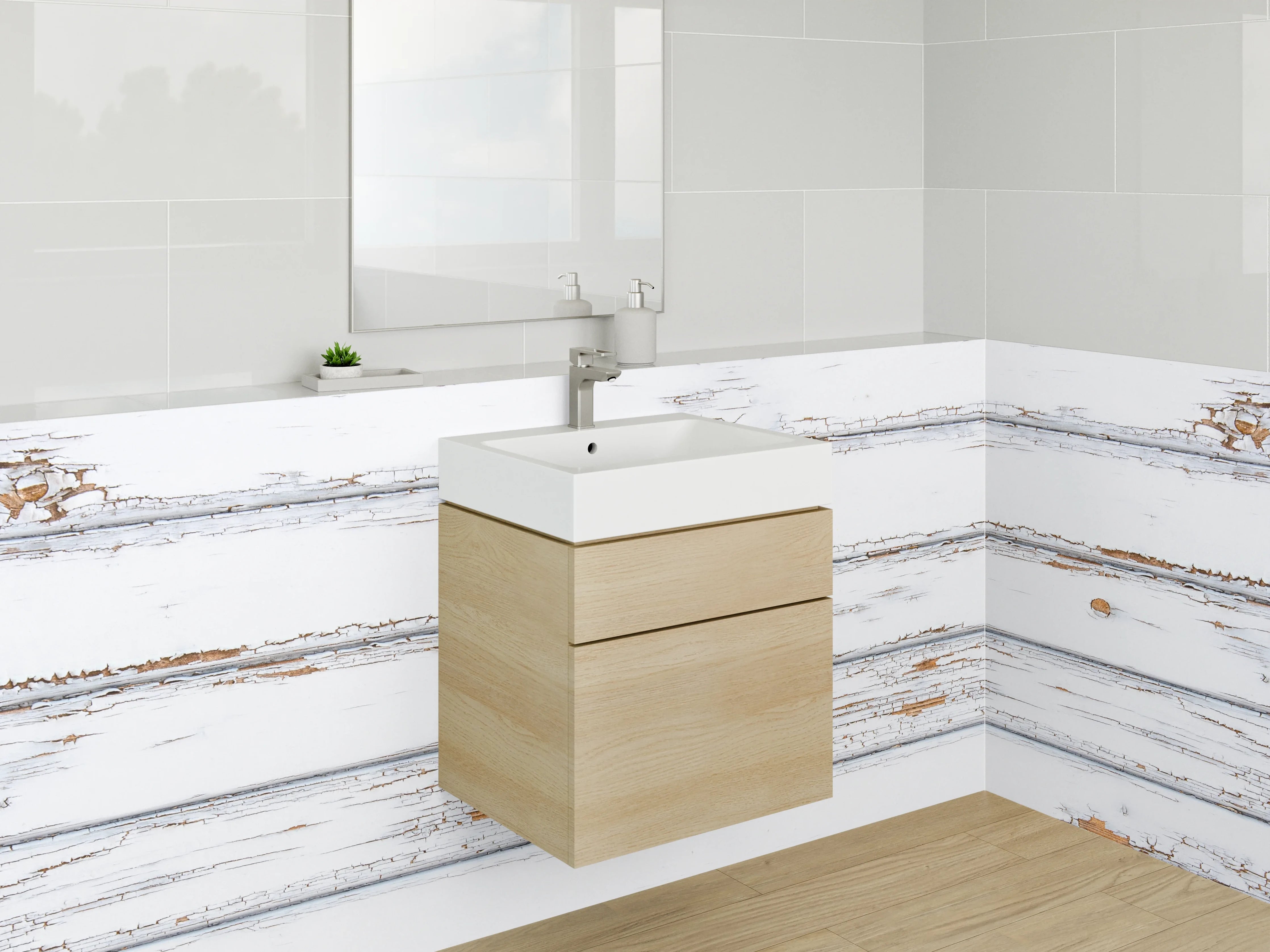 Waschbecken-Rückwand - Weiße Holzvertäfelung mit Patina