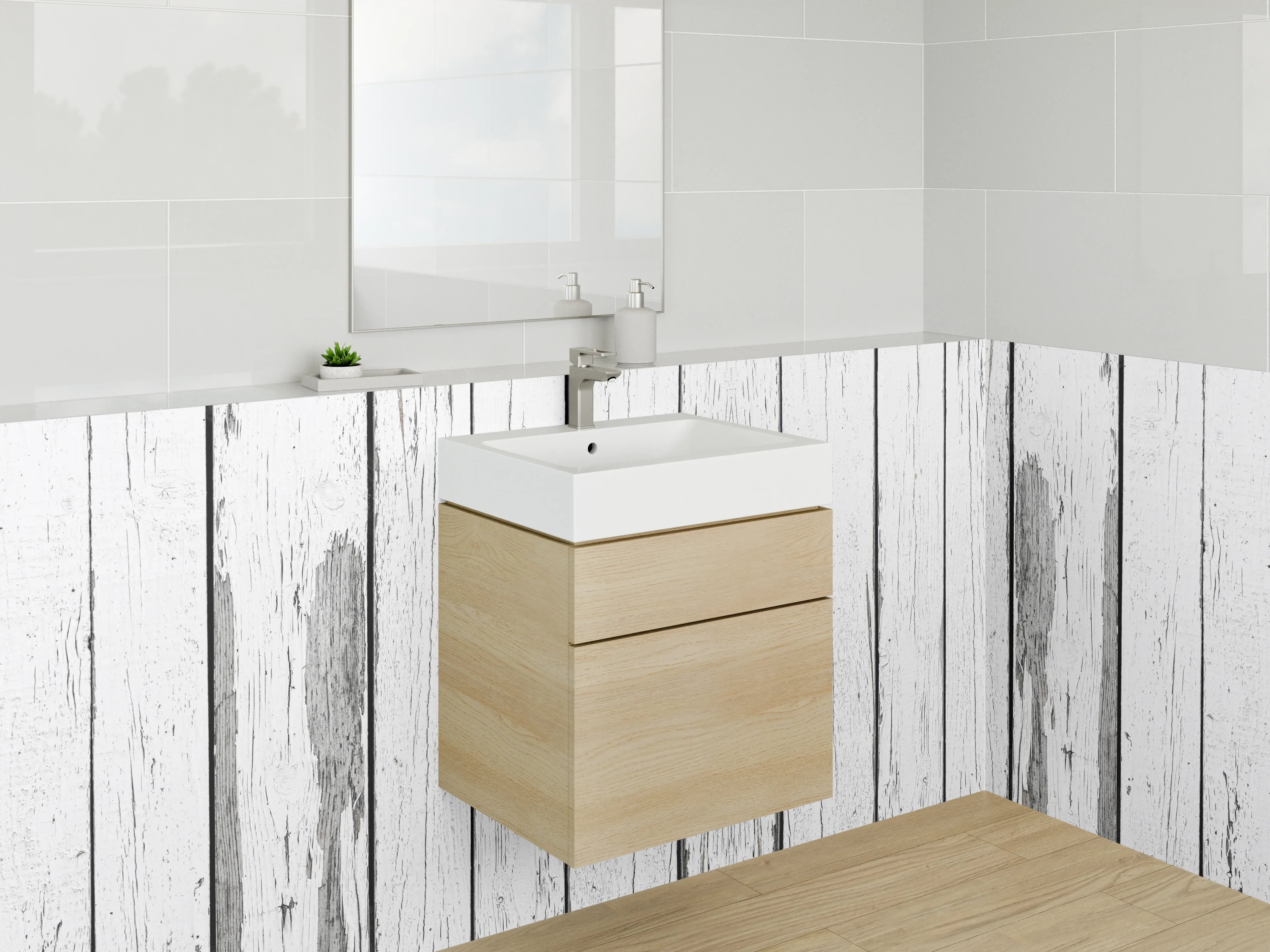 Waschbecken-Rückwand - Weiße Holzwand mit grauer Struktur