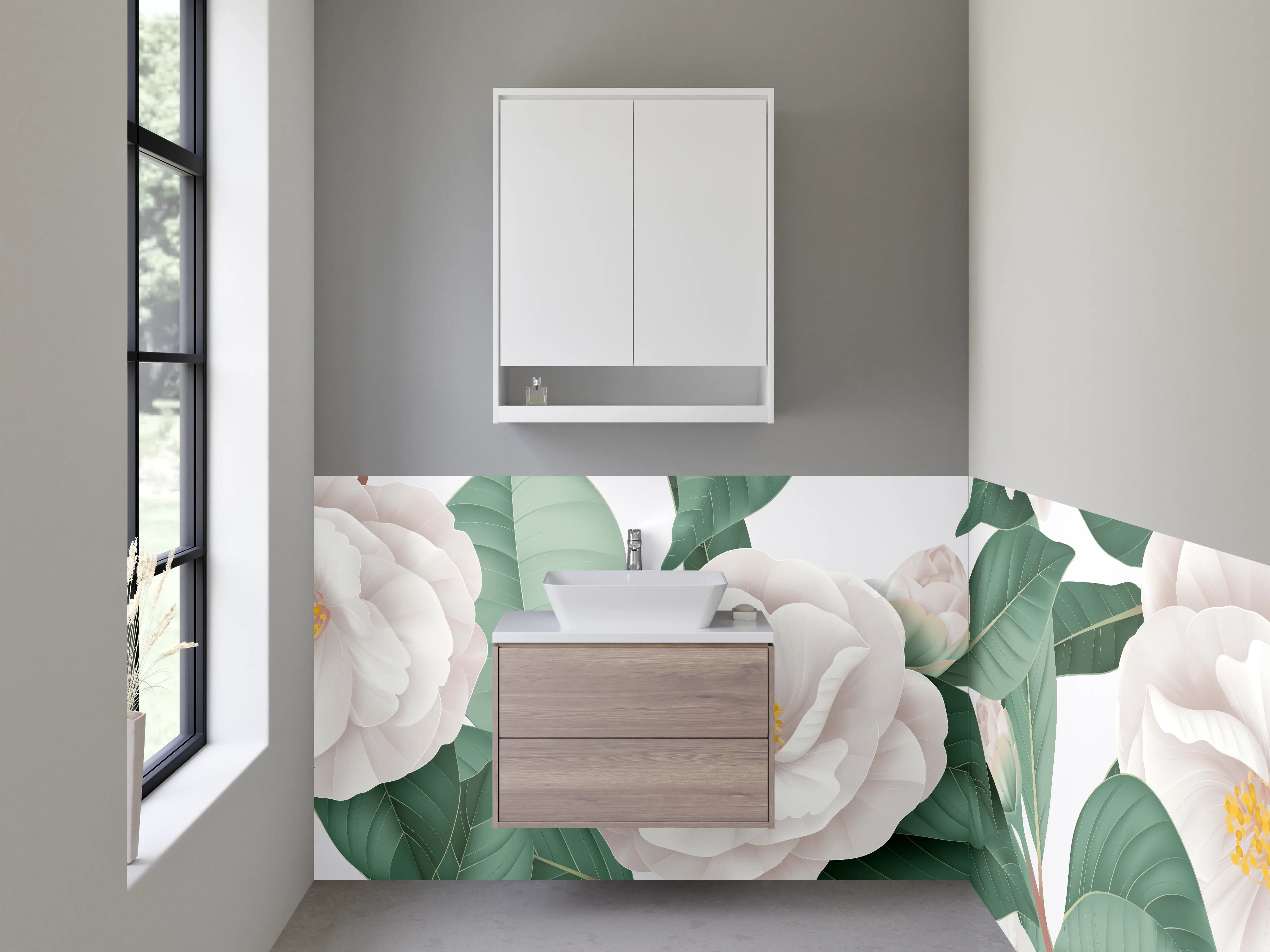 Waschbecken-Rückwand - Weiße Kamelien-Blüten Kunst-Design
