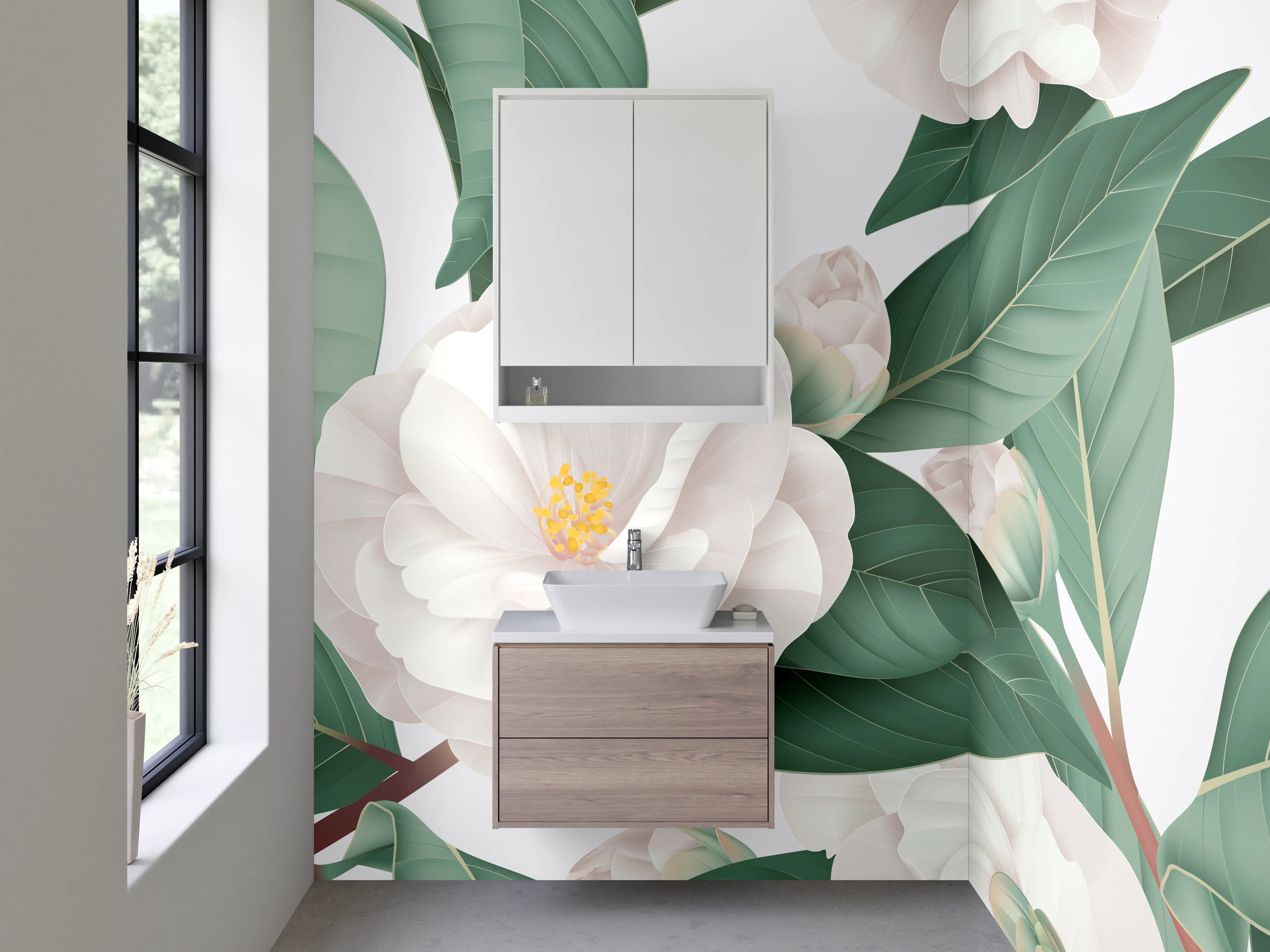 Waschbecken-Rückwand - Weiße Kamelien-Blüten Kunst-Design
