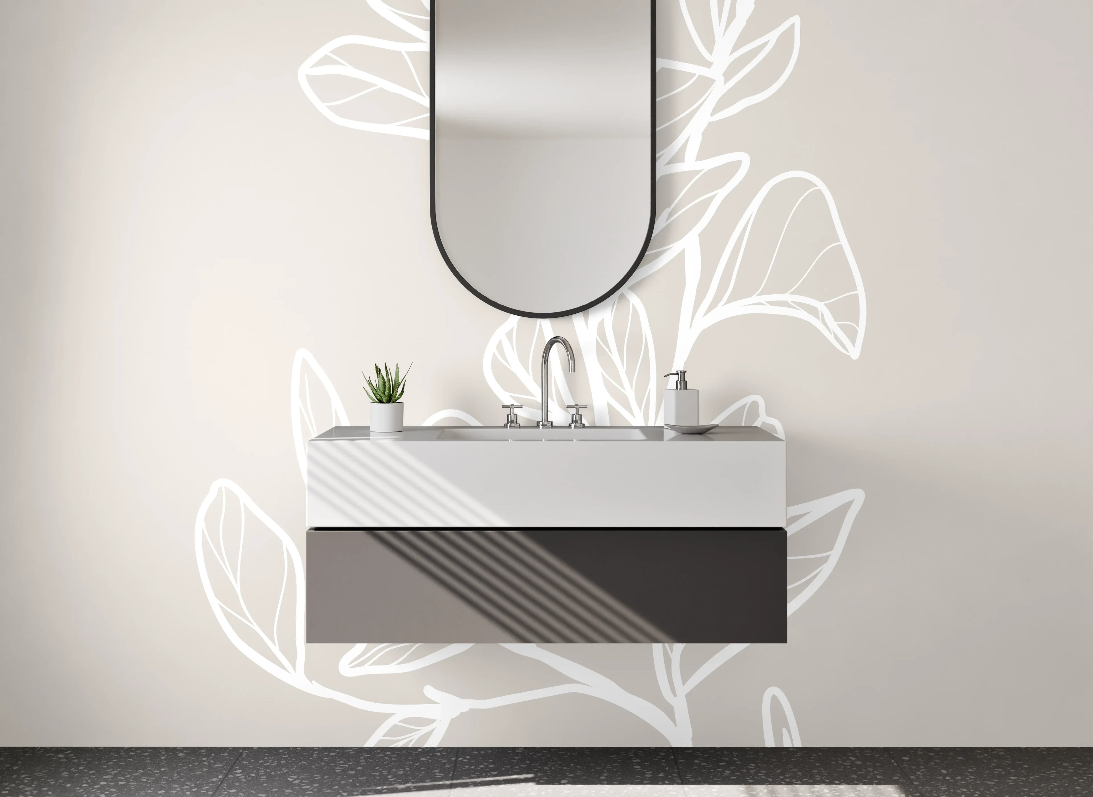 Waschbecken-Rückwand - Weiße Lineart Zweig auf Beigeton