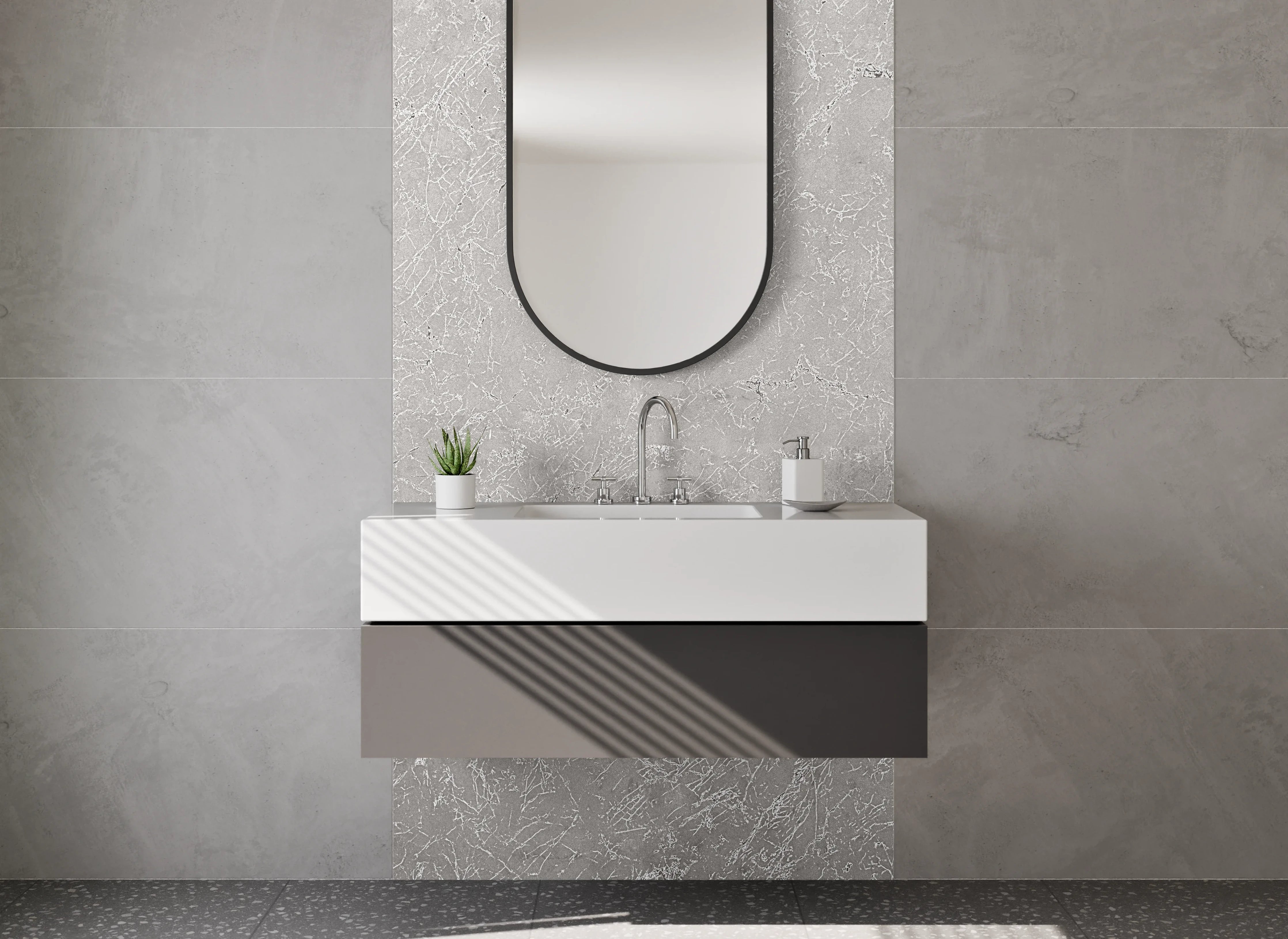 Waschbecken-Rückwand - Weiße Marmoroptik mit grauen Adern