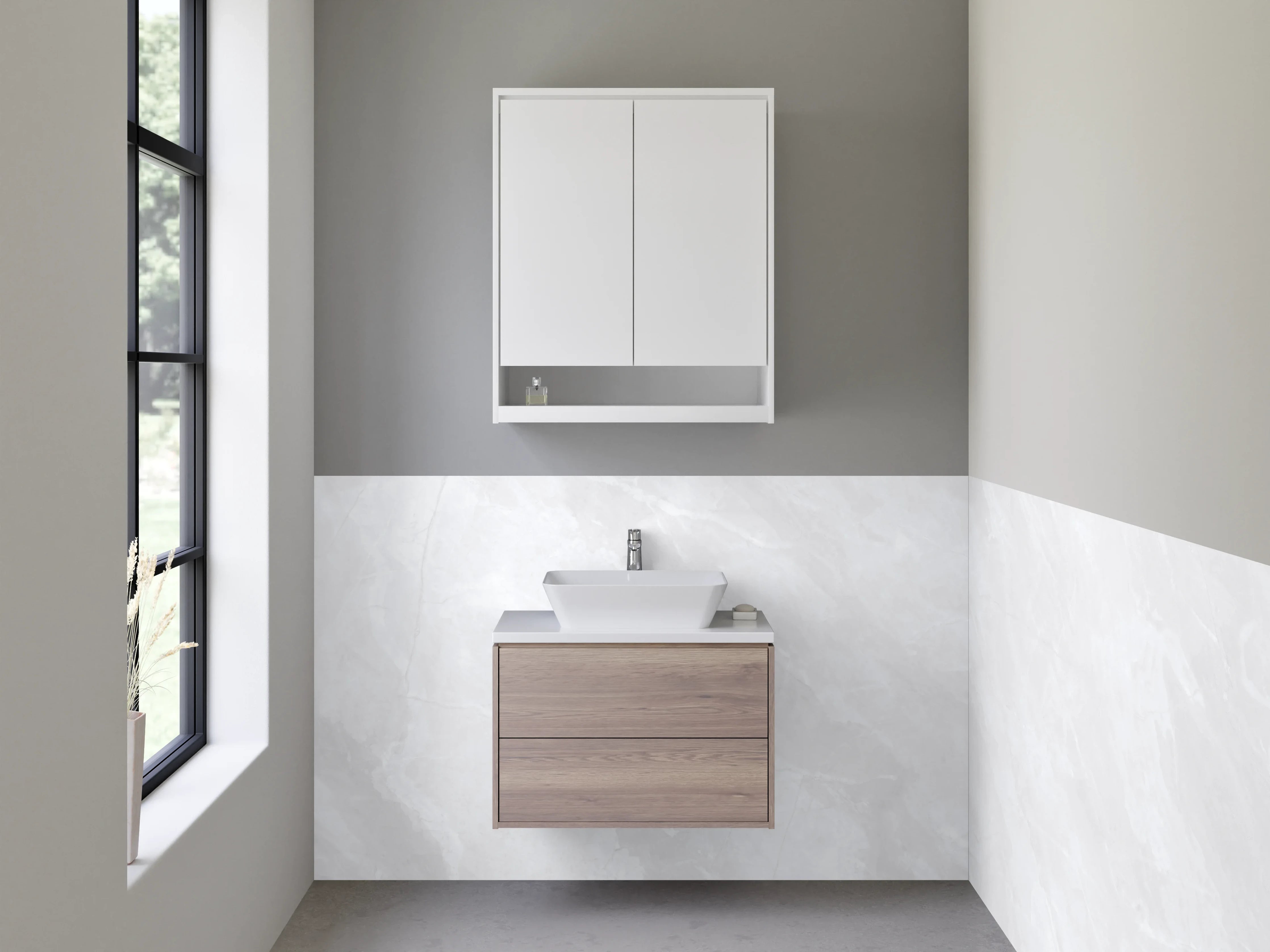 Waschbecken-Rückwand - Weiße Marmoroptik mit grauen Strukturen