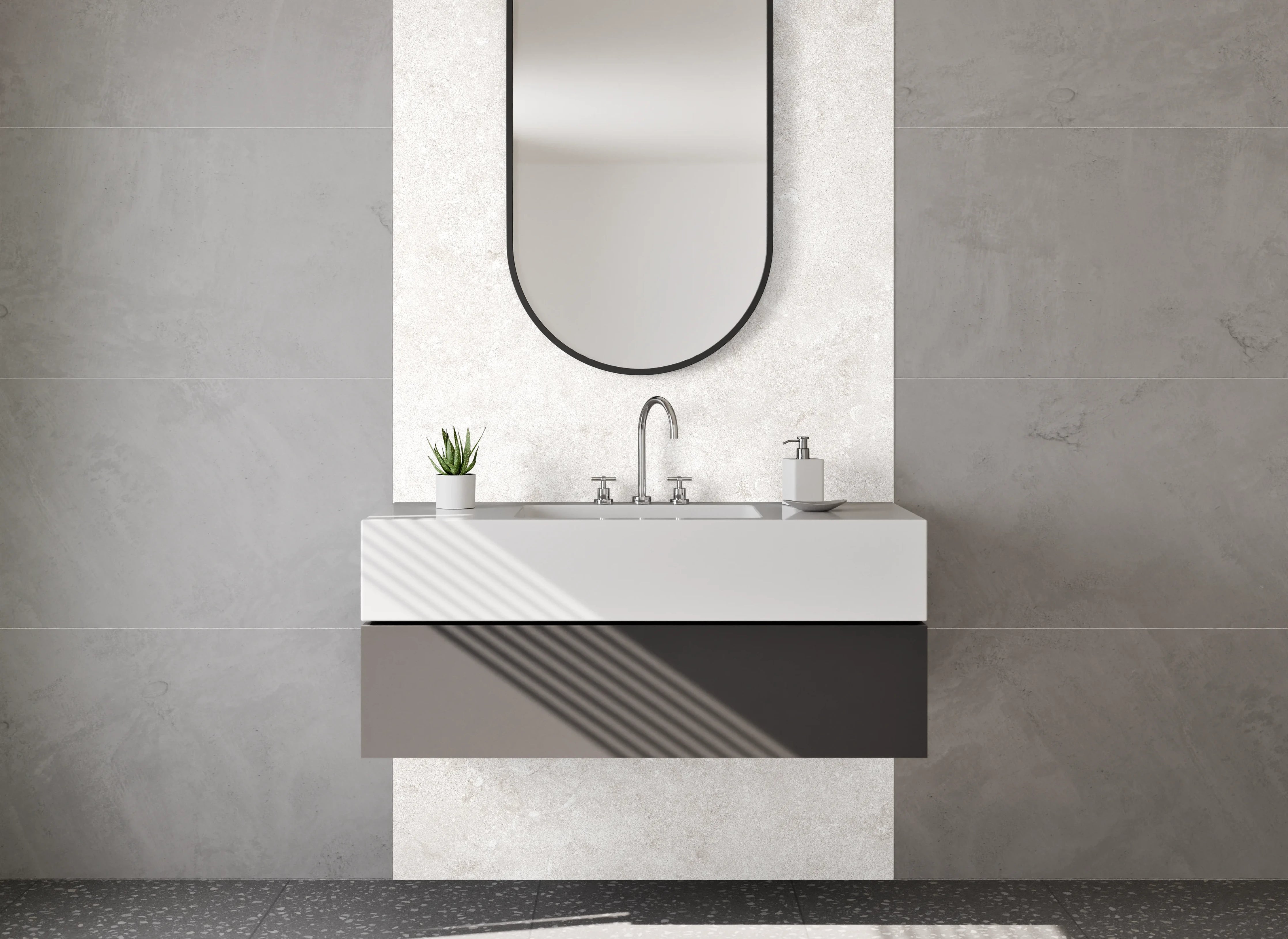 Waschbecken-Rückwand - Weiße Marmoroptik mit zarten Grautönen