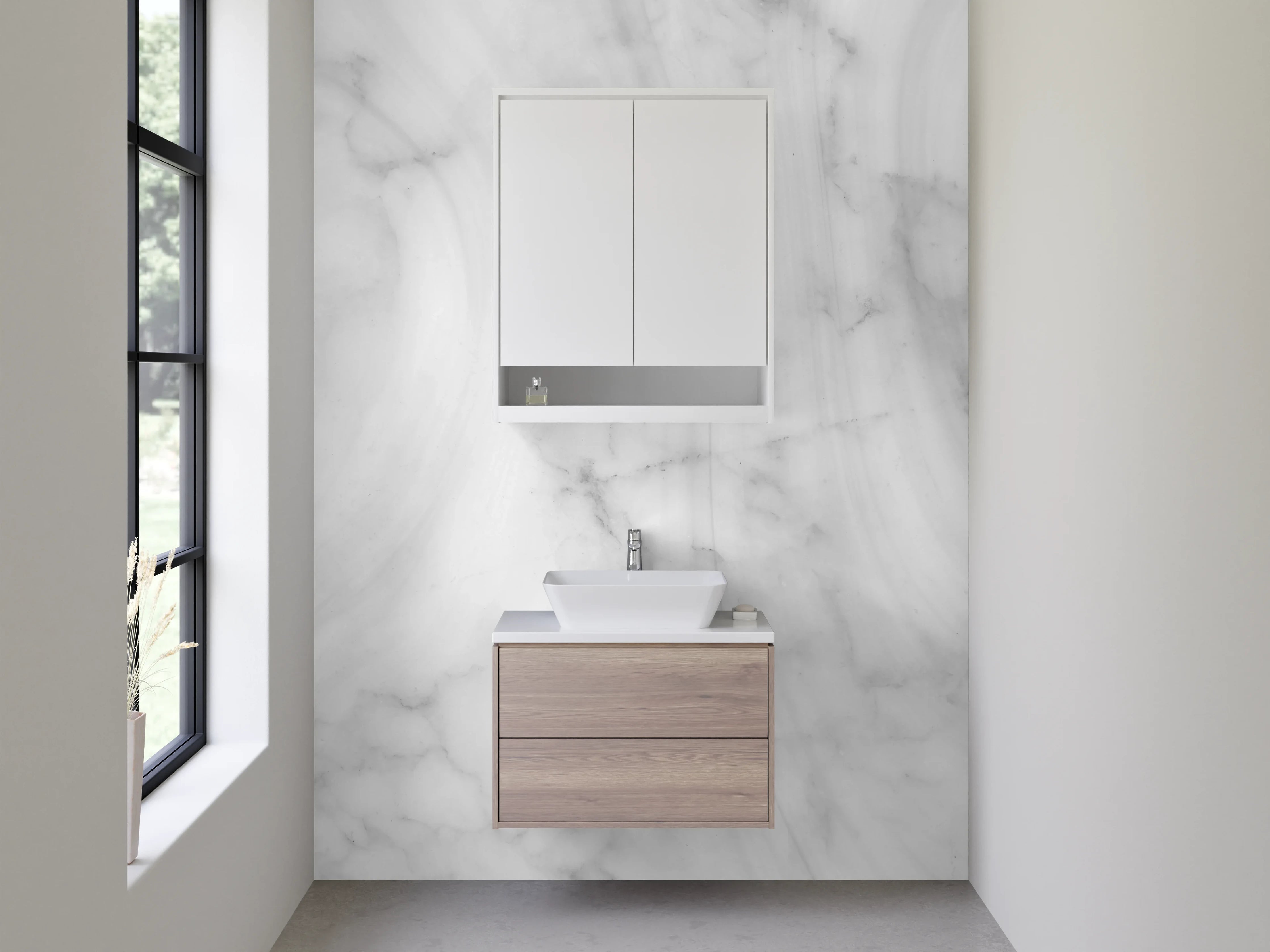 Waschbecken-Rückwand - Weiße Marmorstruktur mit Grautönen