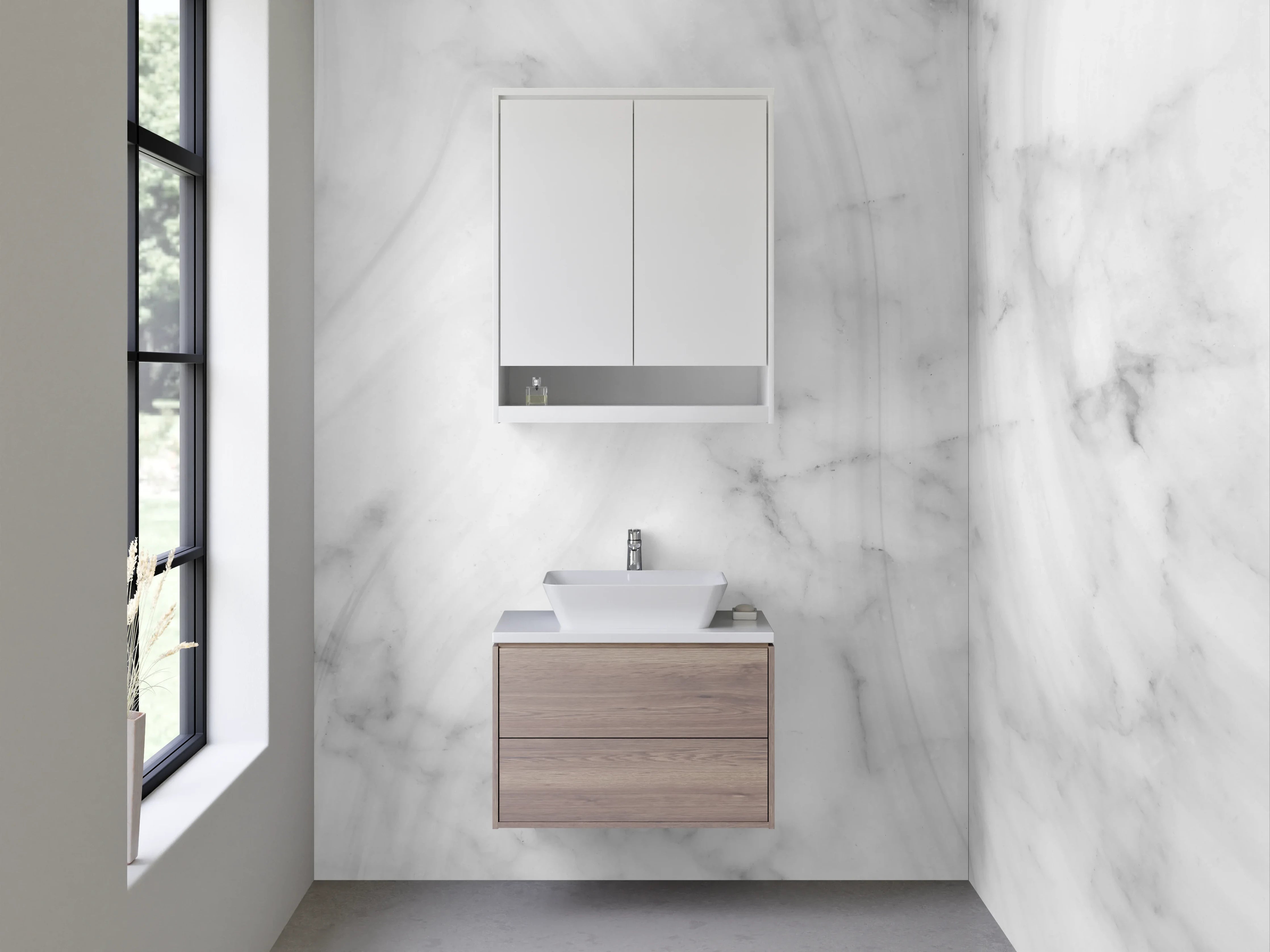 Waschbecken-Rückwand - Weiße Marmorstruktur mit Grautönen