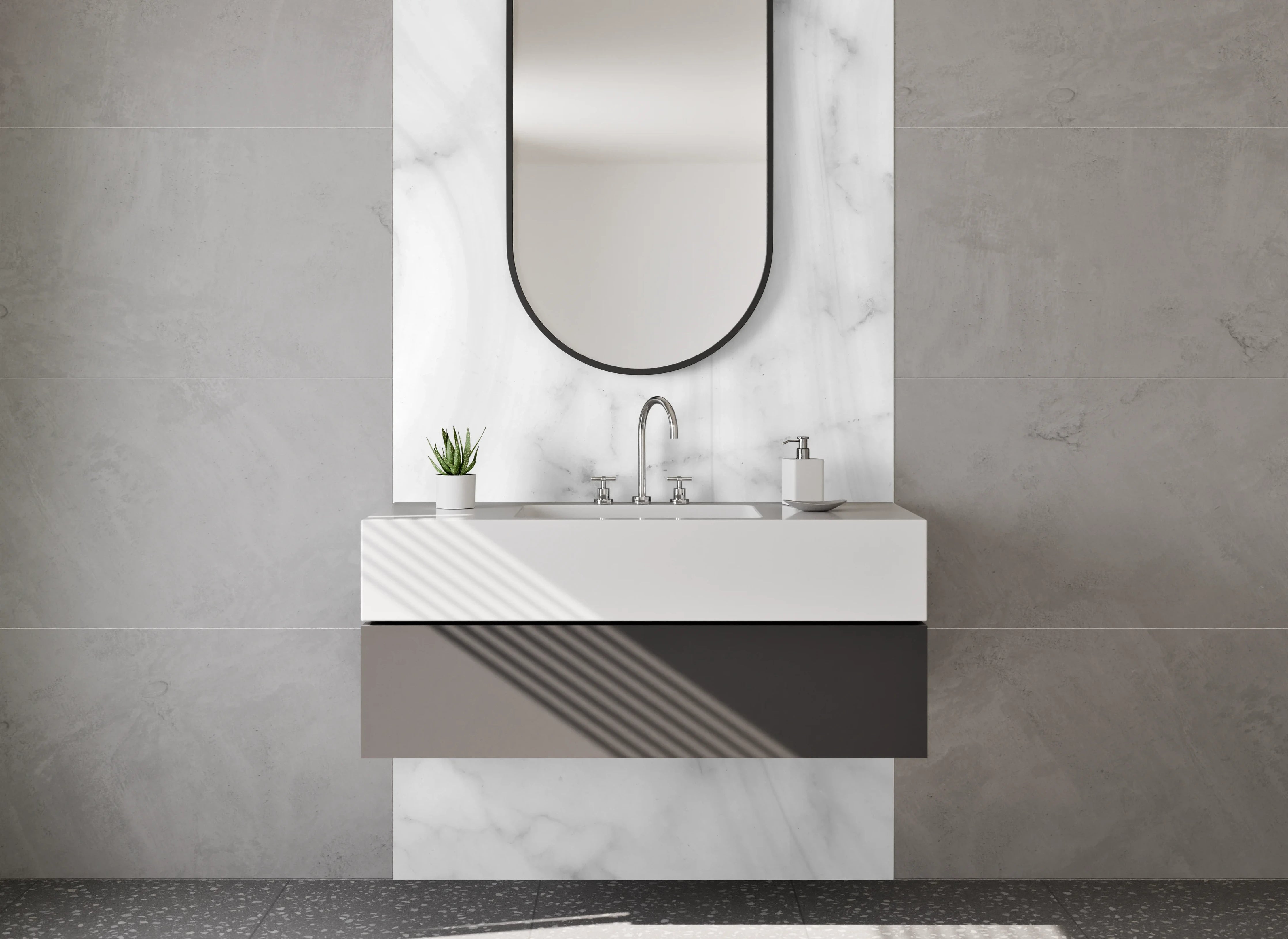 Waschbecken-Rückwand - Weiße Marmorstruktur mit Grautönen