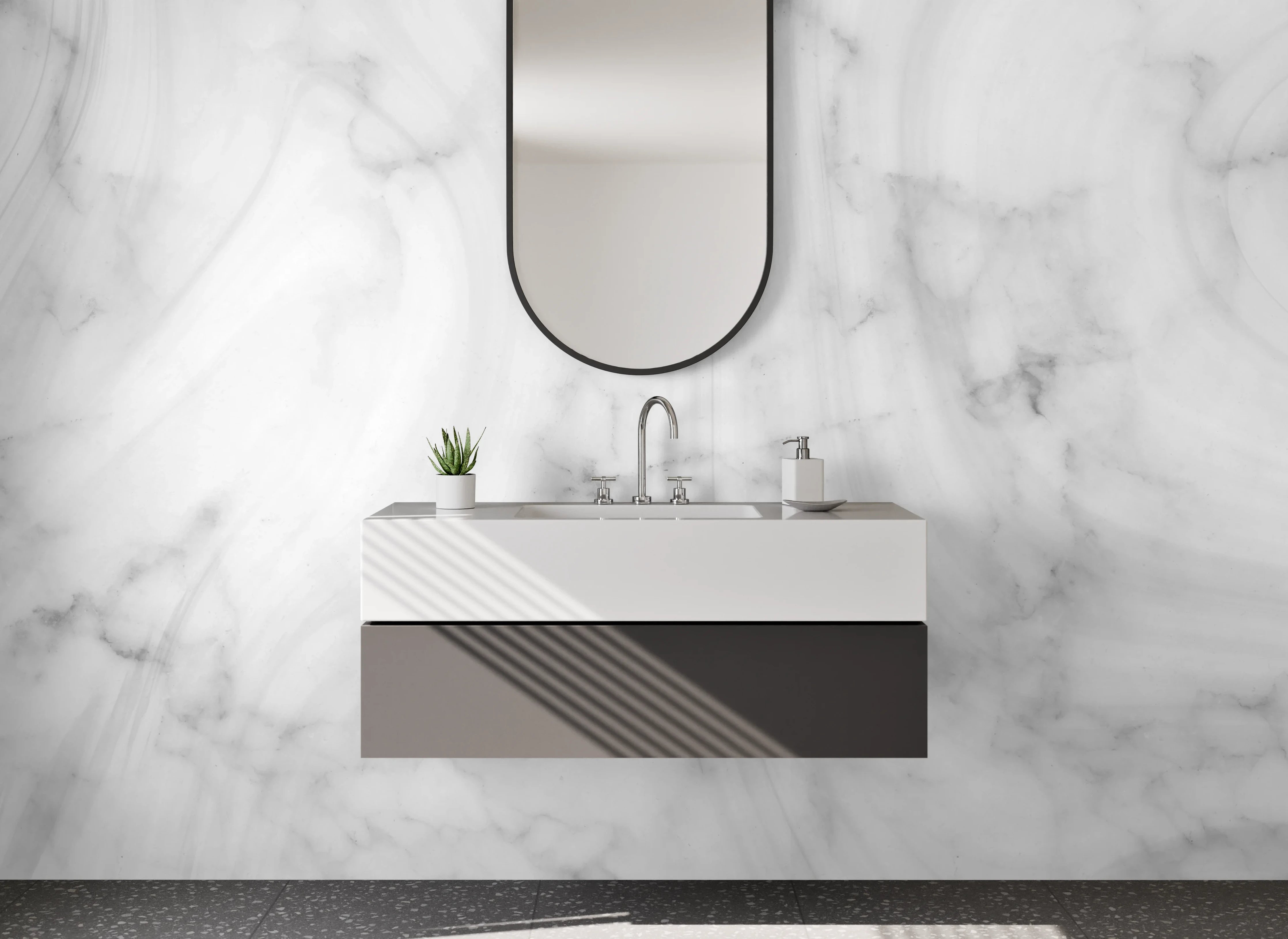 Waschbecken-Rückwand - Weiße Marmorstruktur mit Grautönen