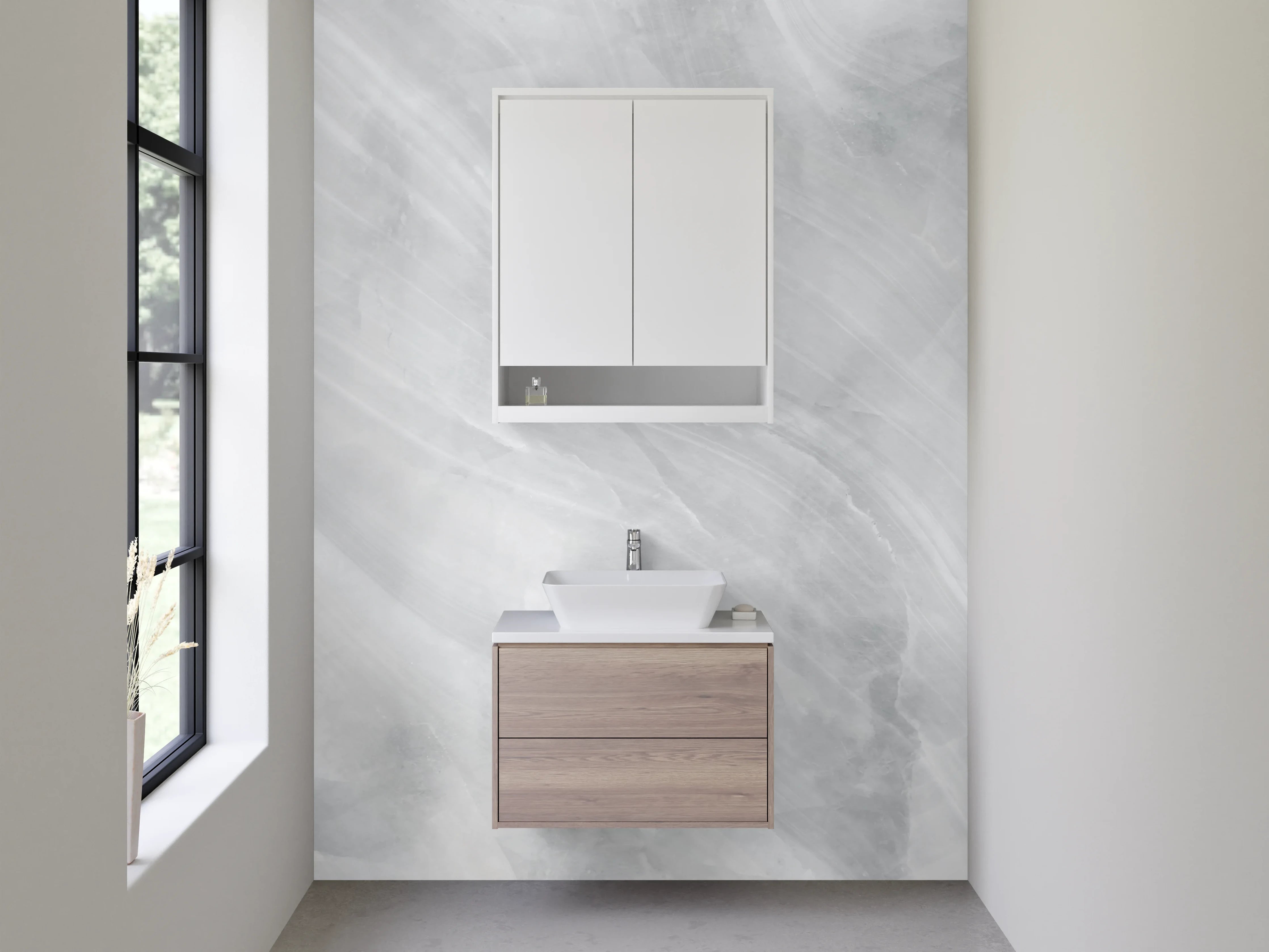 Waschbecken-Rückwand - Weiße Marmortextur mit grauen Strukturen