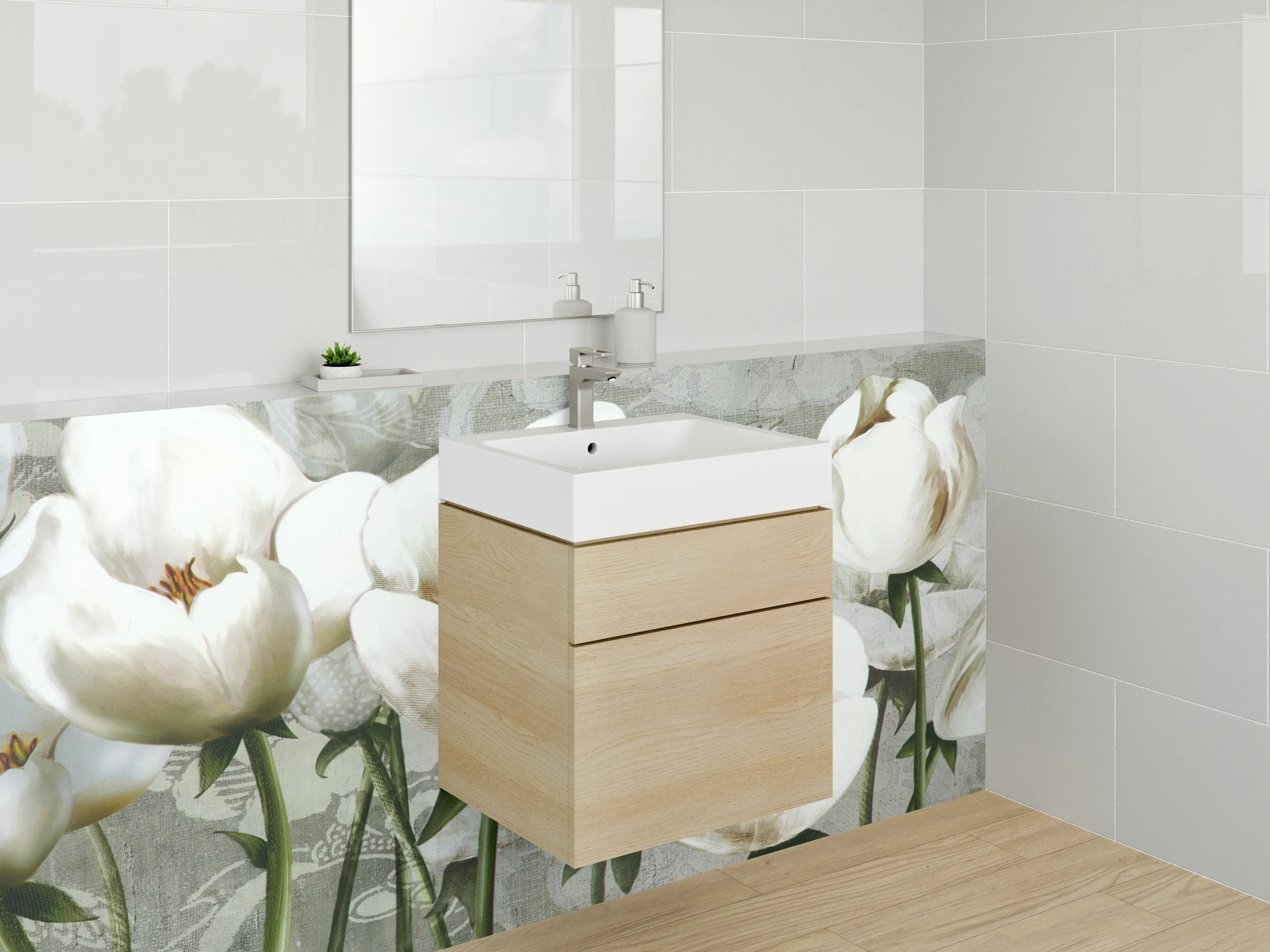 Waschbecken-Rückwand - Weiße Mohnblumen auf zartem Hintergrund