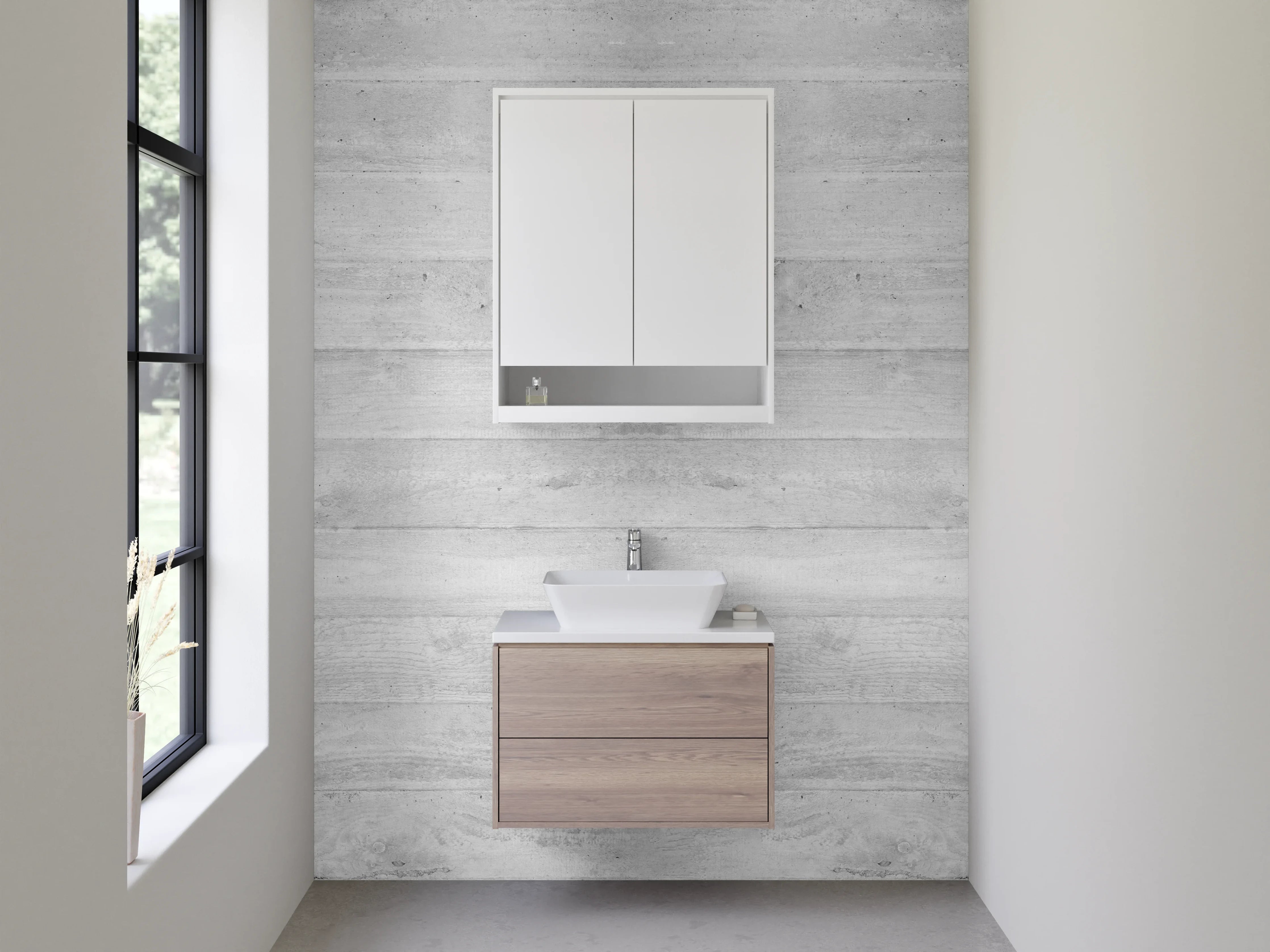 Waschbecken-Rückwand - Weiße Nuancen auf grauer Betonfläche